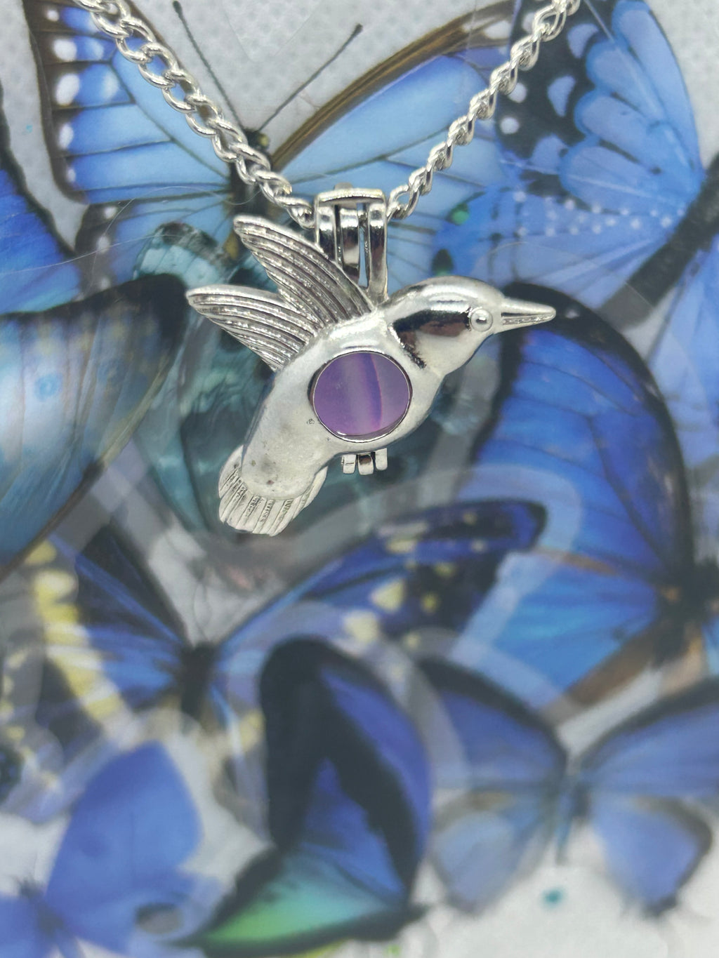Humming Bird Necklace with an incased is a glowing bead