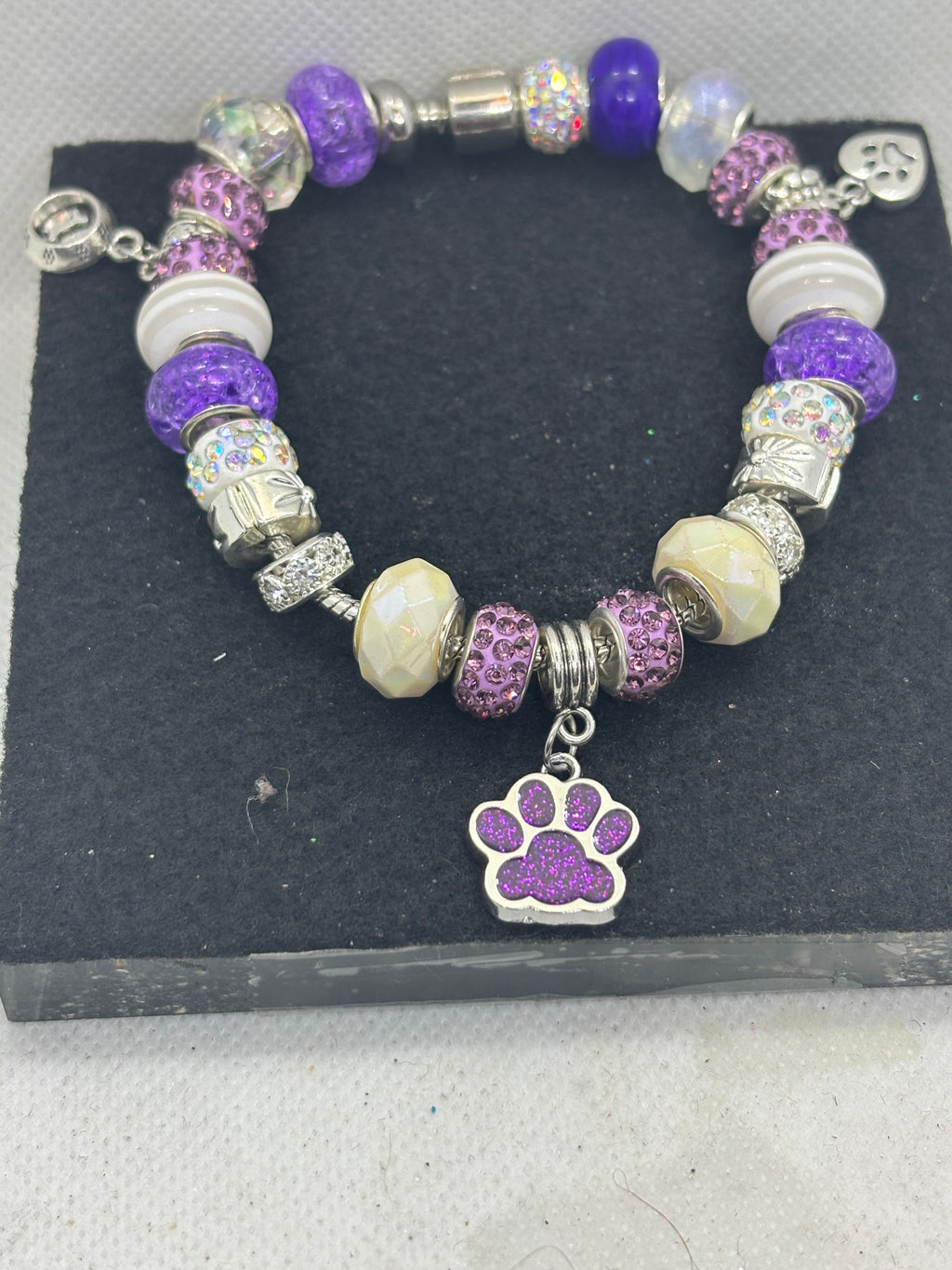 Purple Paw Print with White Charm Bracelet