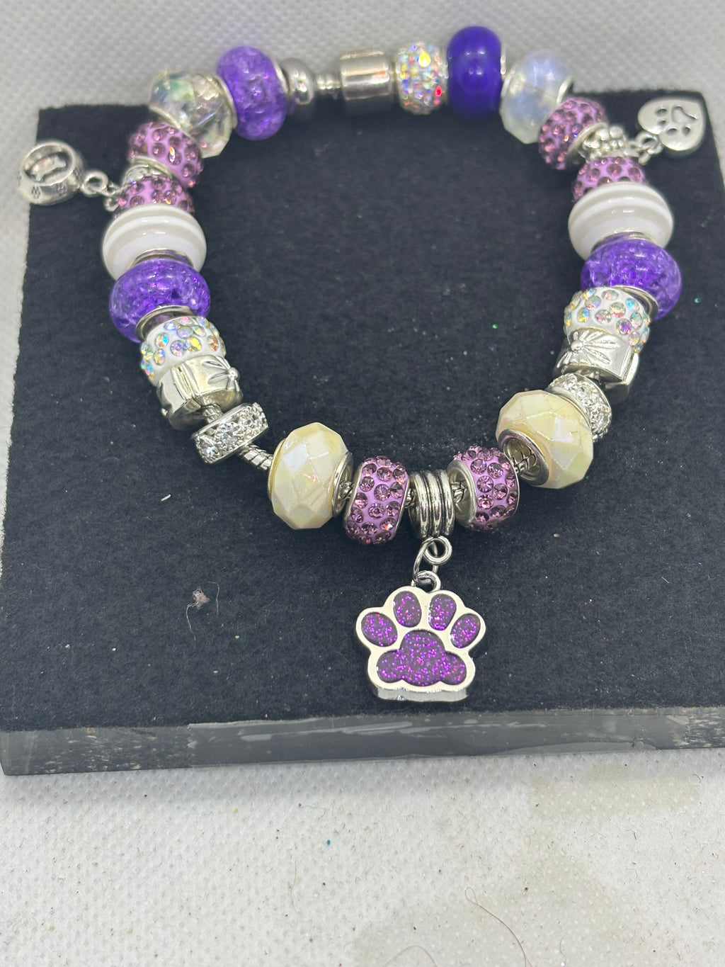Purple Paw Print with White Charm Bracelet