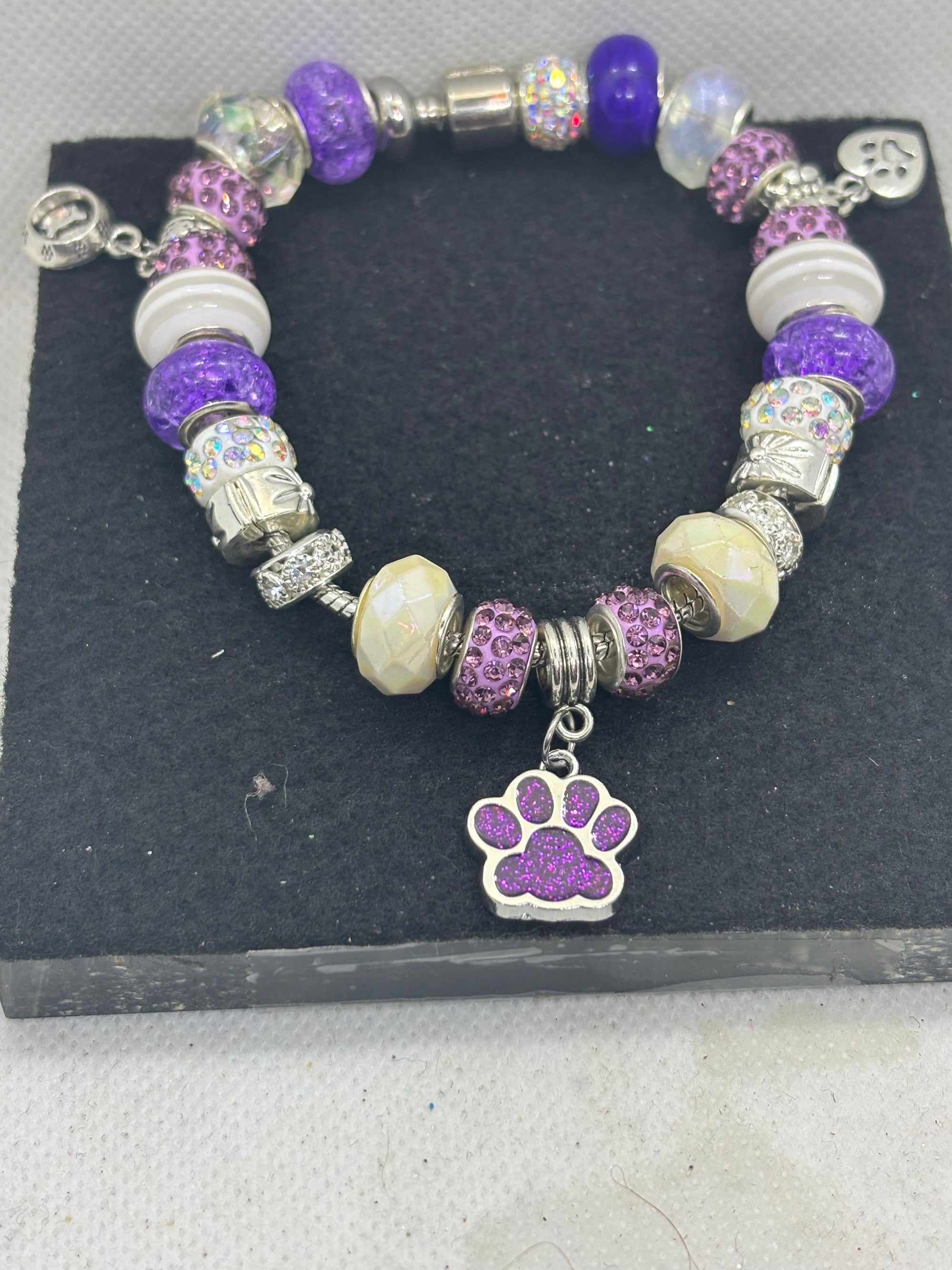 Purple Paw Print with White Charm Bracelet