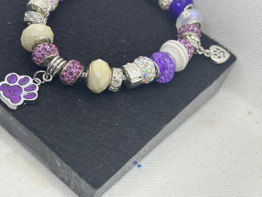 Purple Paw Print with White Charm Bracelet
