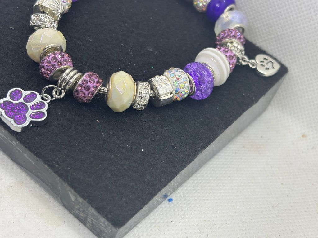 Purple Paw Print with White Charm Bracelet
