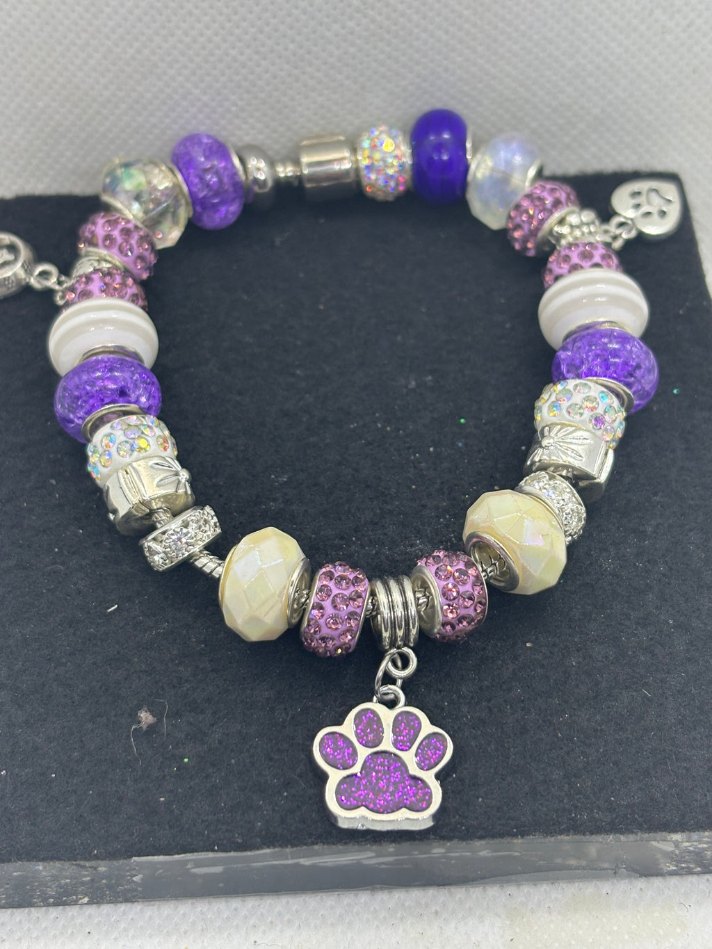 Purple Paw Print with White Charm Bracelet