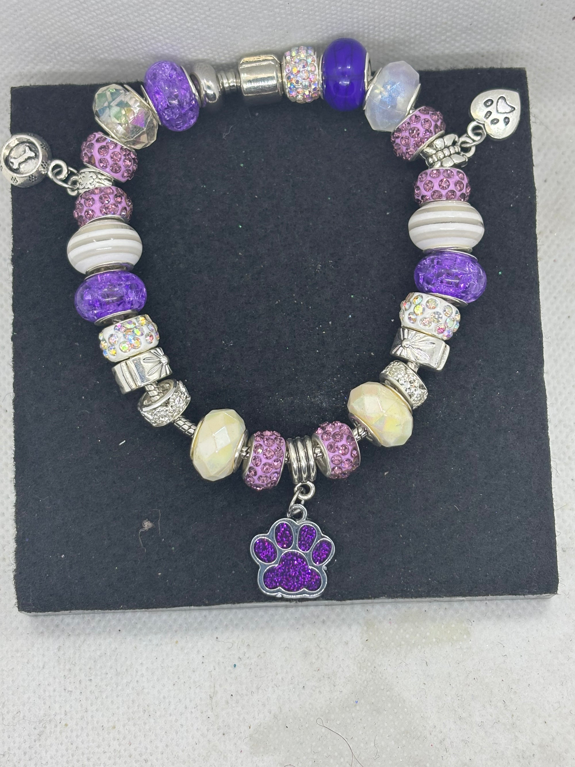 Purple Paw Print with White Charm Bracelet