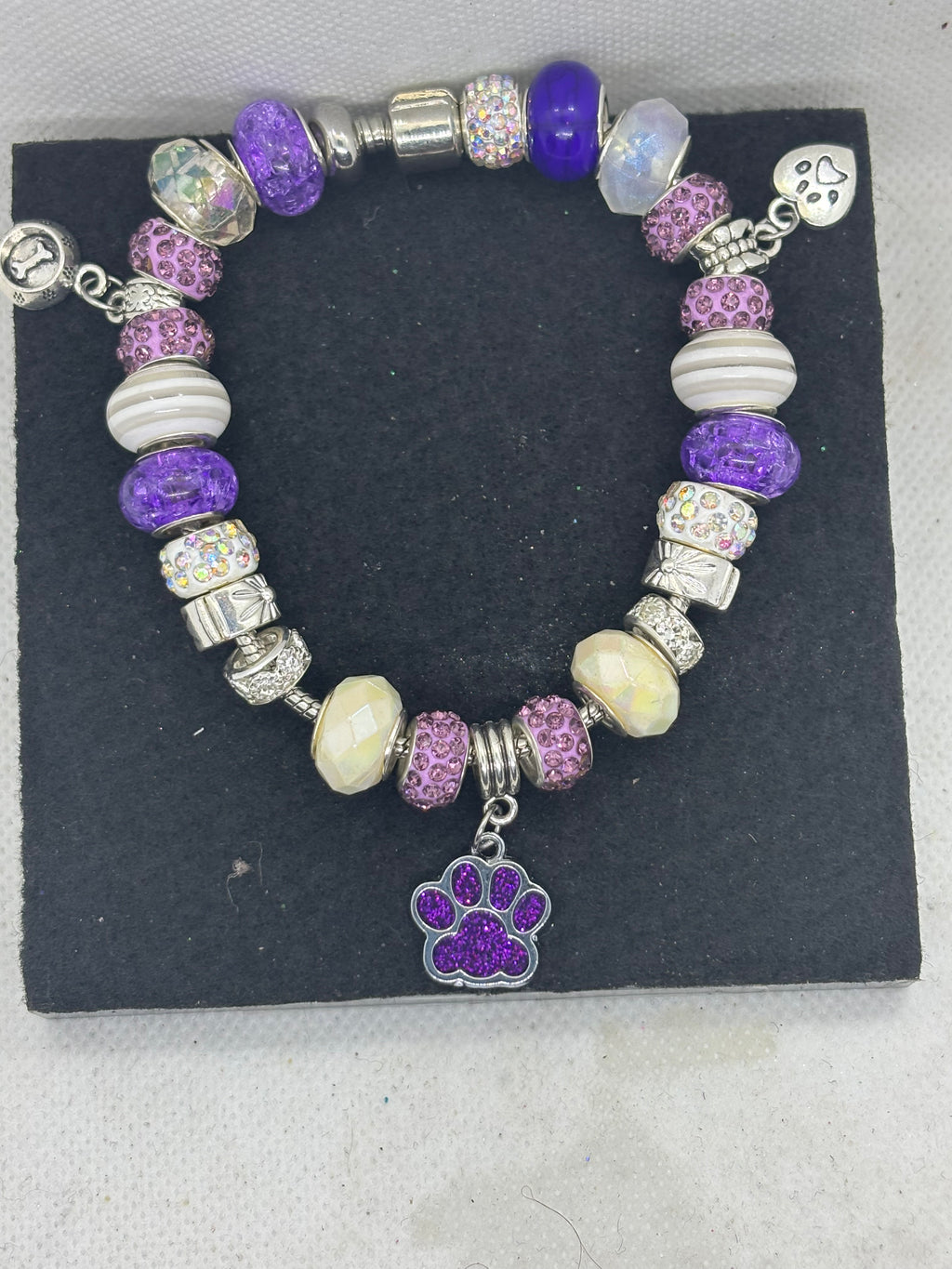 Purple Paw Print with White Charm Bracelet