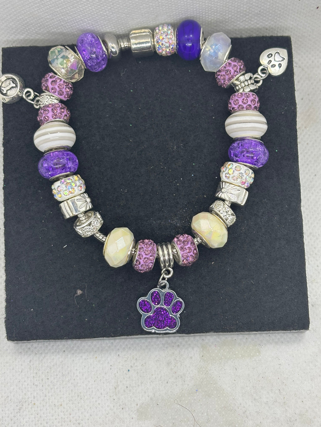 Purple Paw Print with White Charm Bracelet