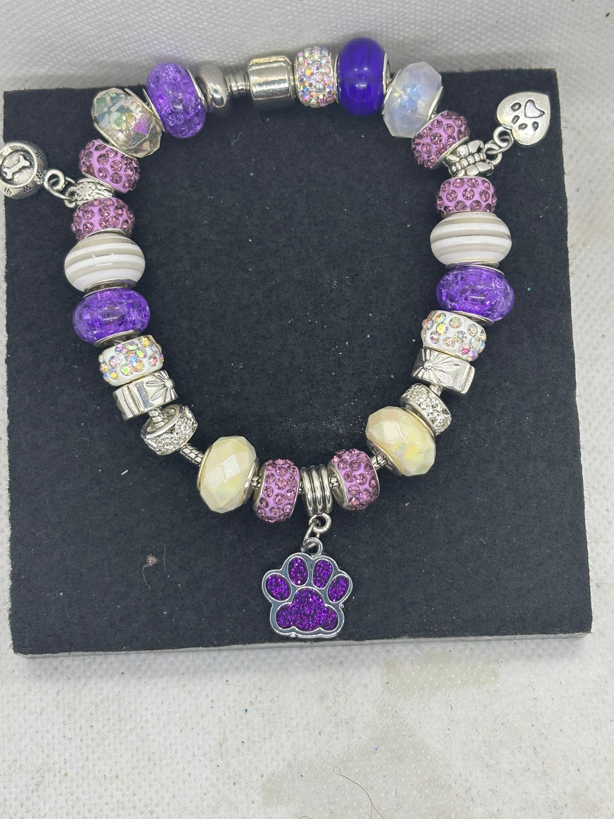 Purple Paw Print with White Charm Bracelet