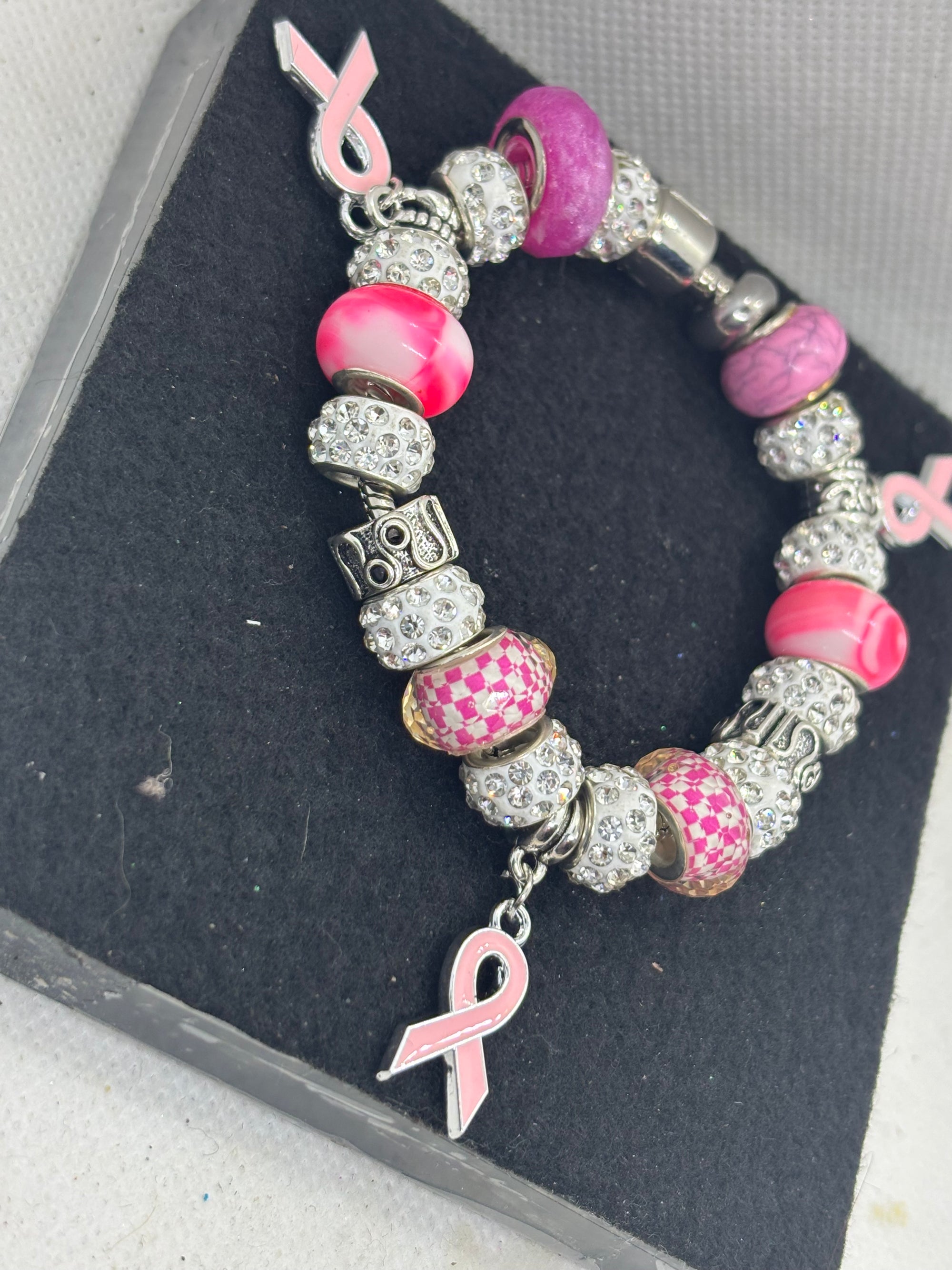 Pink Awareness Ribbon Charm Bracelet