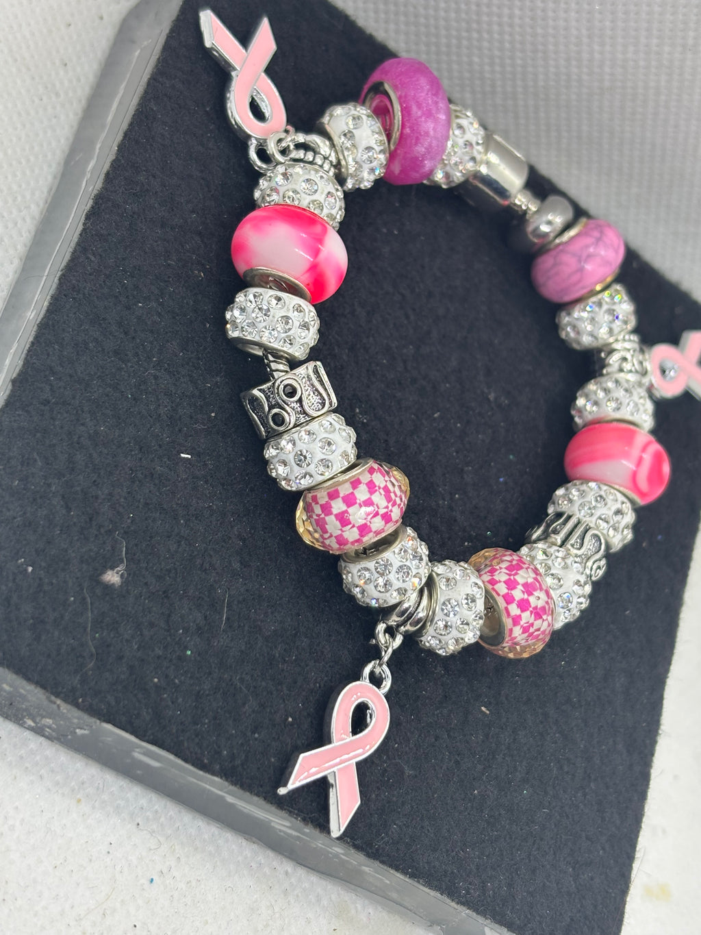 Pink Awareness Ribbon Charm Bracelet