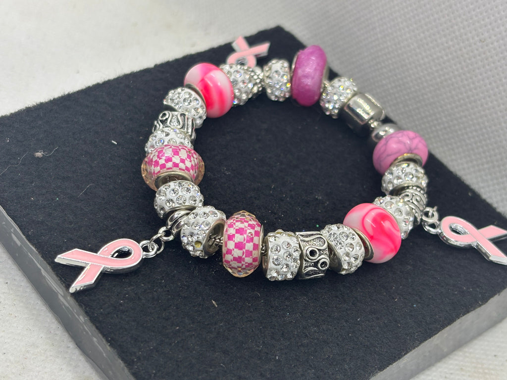 Pink Awareness Ribbon Charm Bracelet