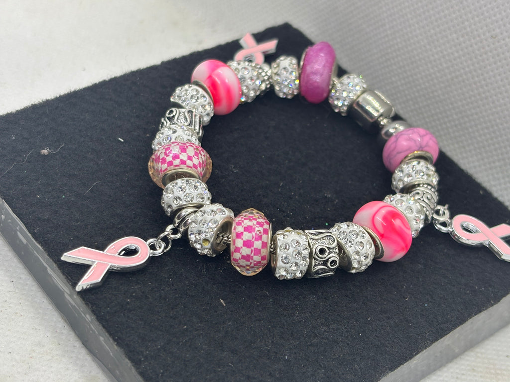 Pink Awareness Ribbon Charm Bracelet