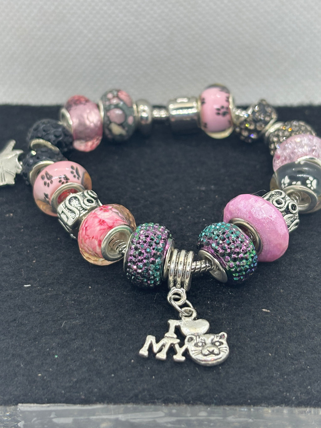Pink and Black Cat Charm Bracelet