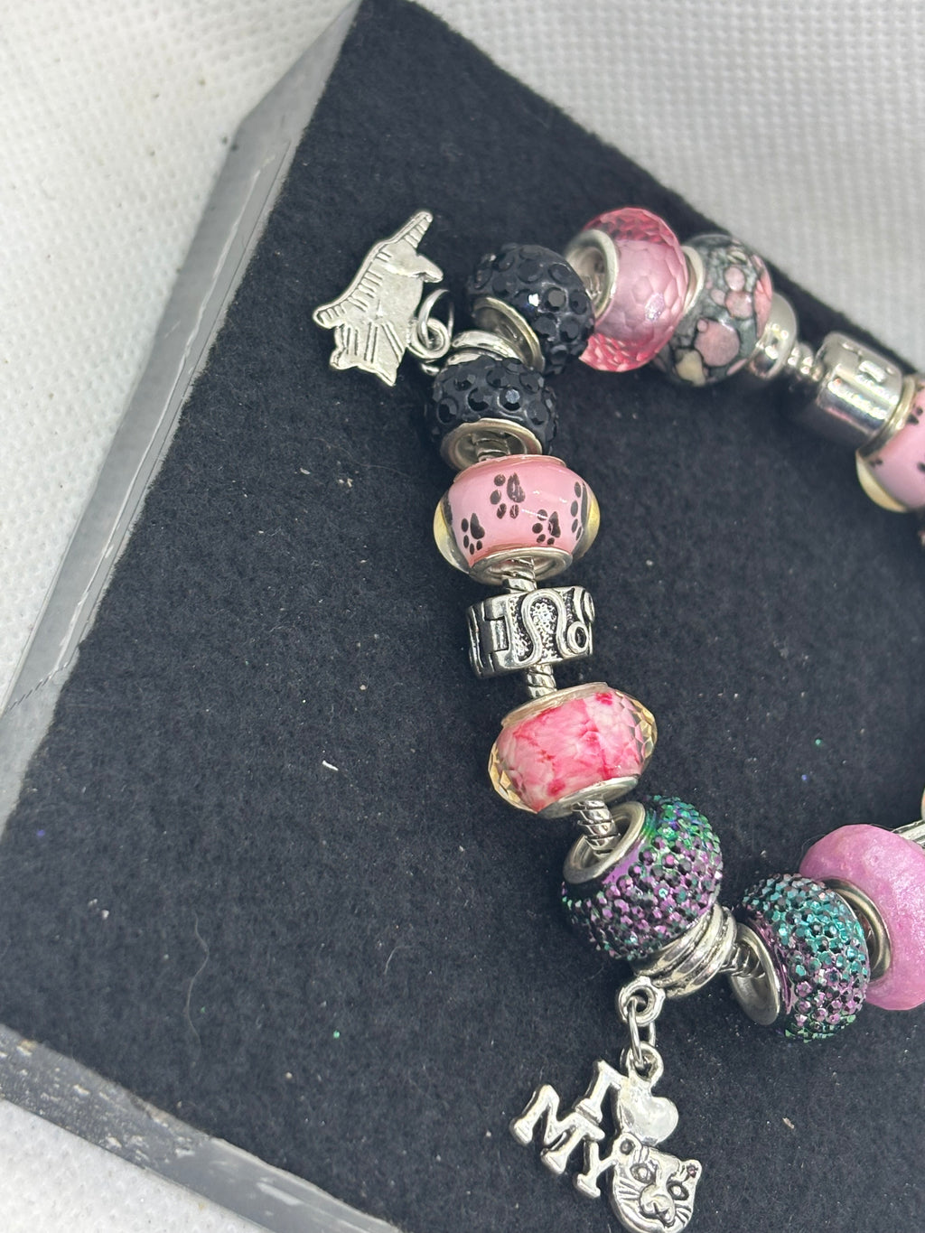 Pink and Black Cat Charm Bracelet