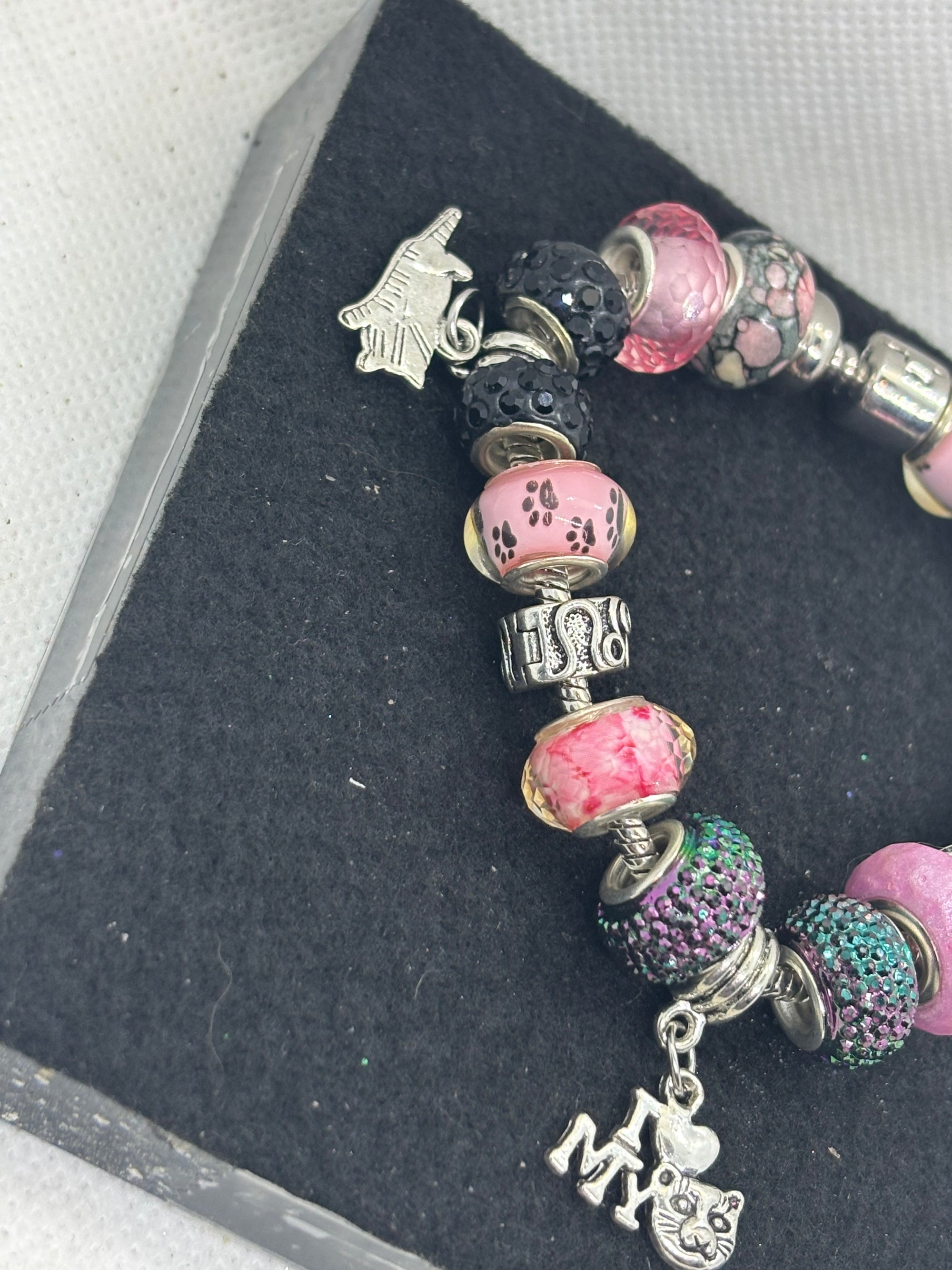 Pink and Black Cat Charm Bracelet