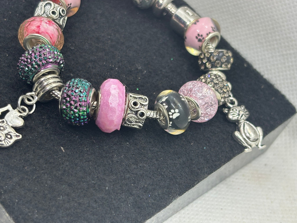 Pink and Black Cat Charm Bracelet