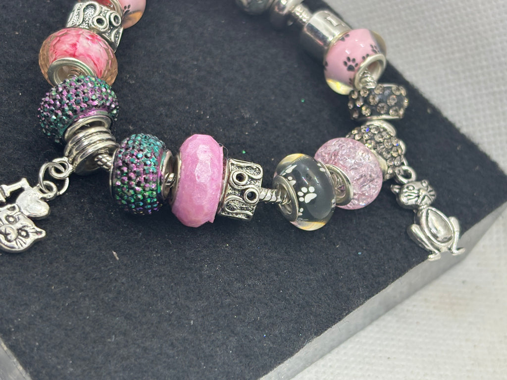 Pink and Black Cat Charm Bracelet