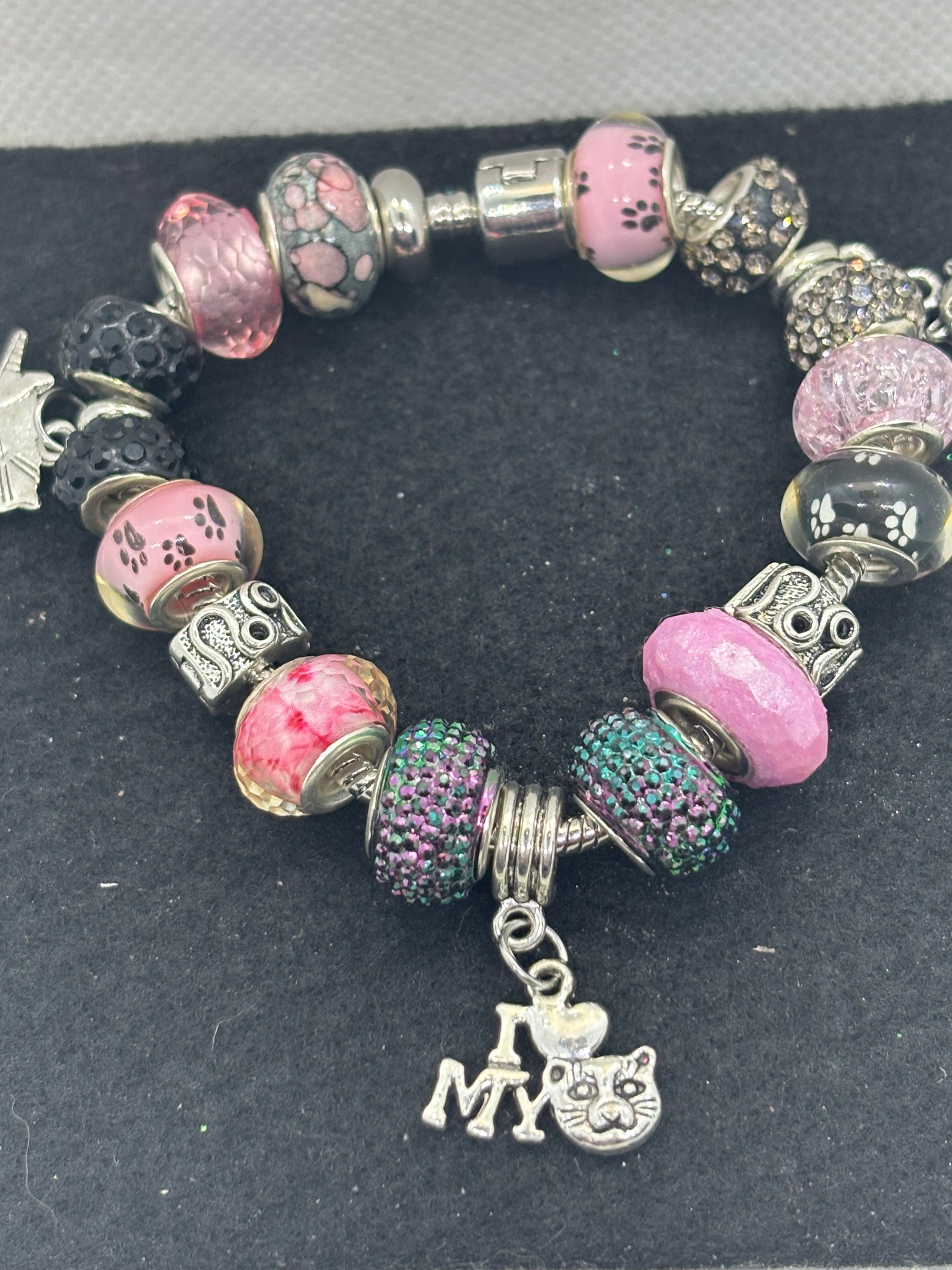 Pink and Black Cat Charm Bracelet
