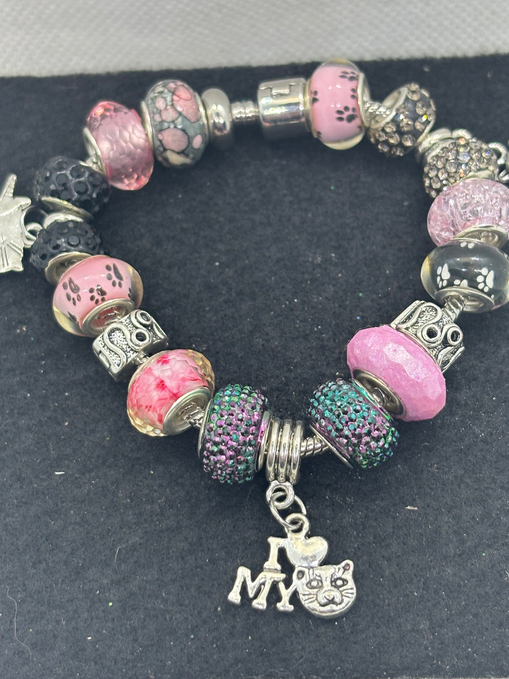 Pink and Black Cat Charm Bracelet