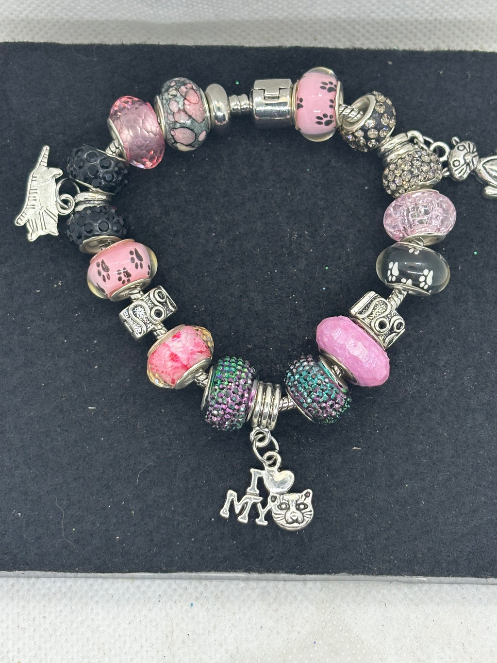 Pink and Black Cat Charm Bracelet
