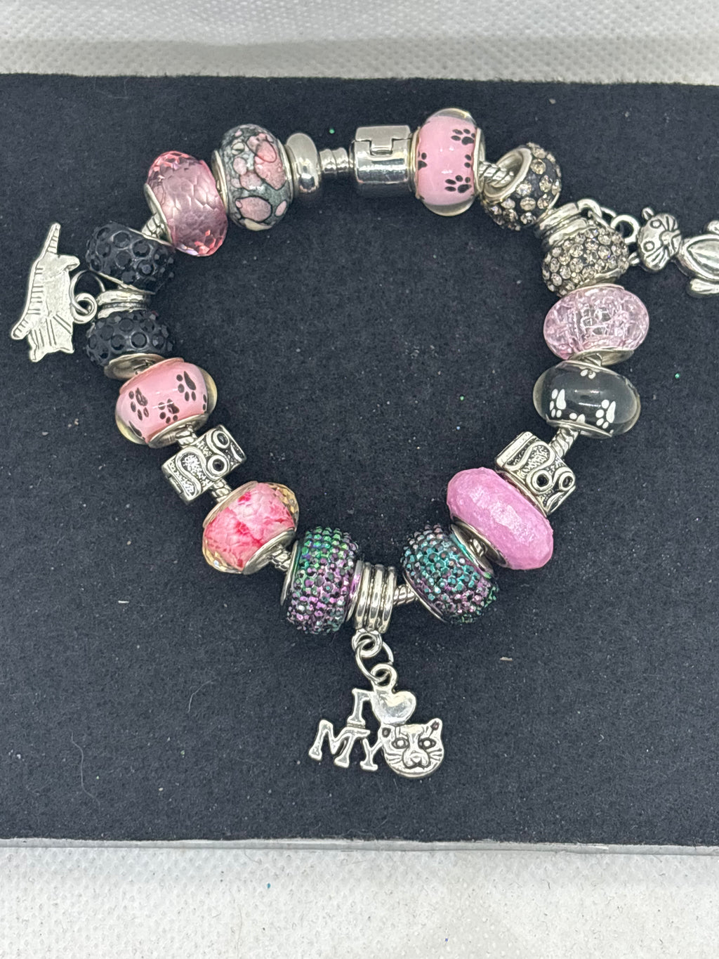 Pink and Black Cat Charm Bracelet