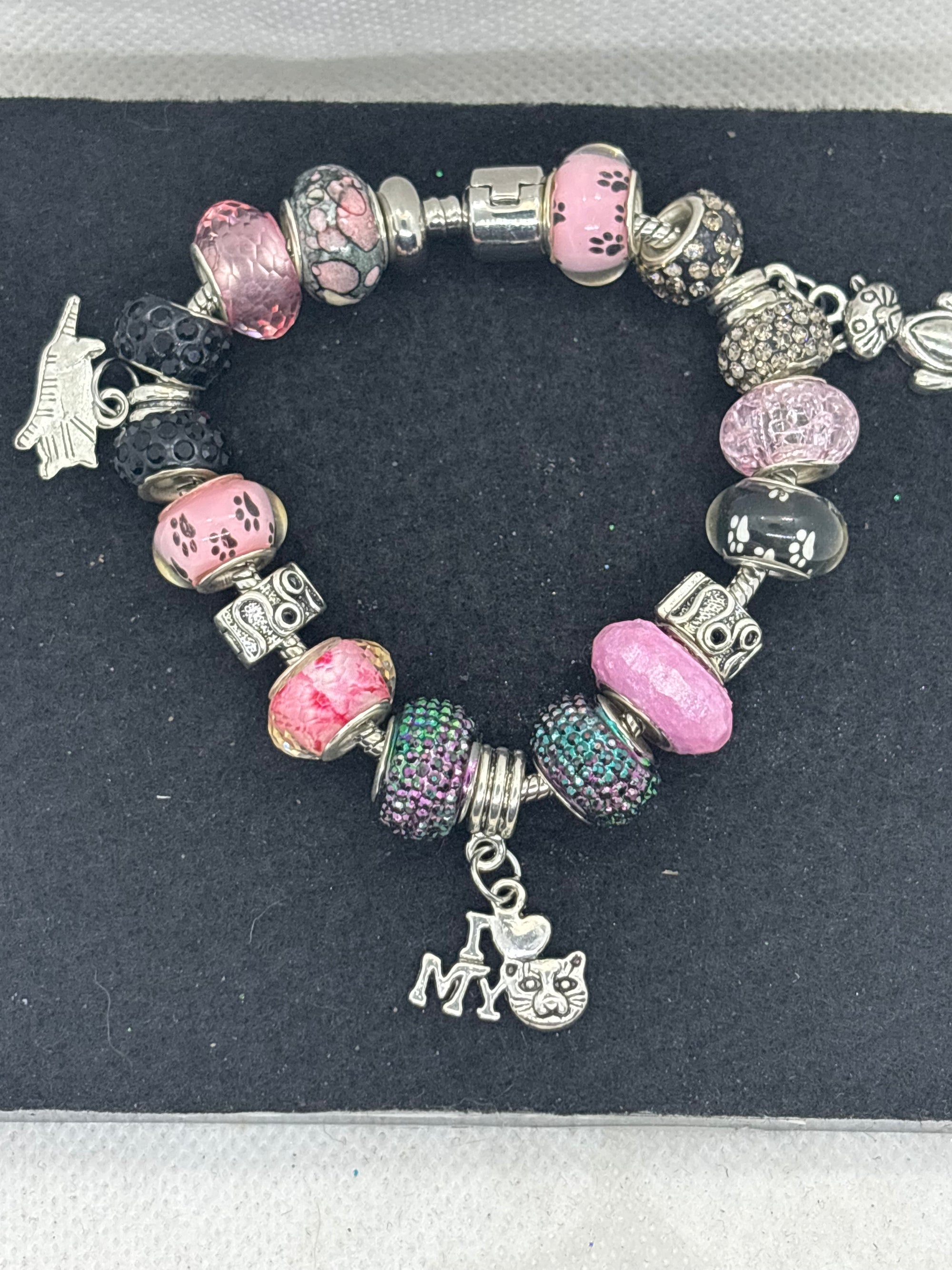 Pink and Black Cat Charm Bracelet