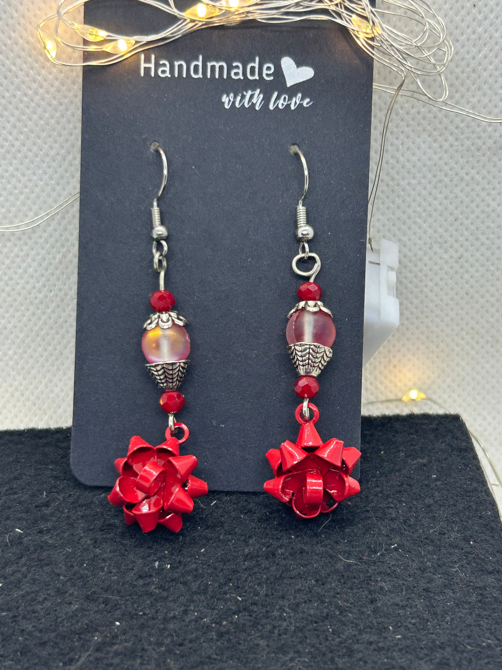 Red Bow and Glowing Beaded Earrings
