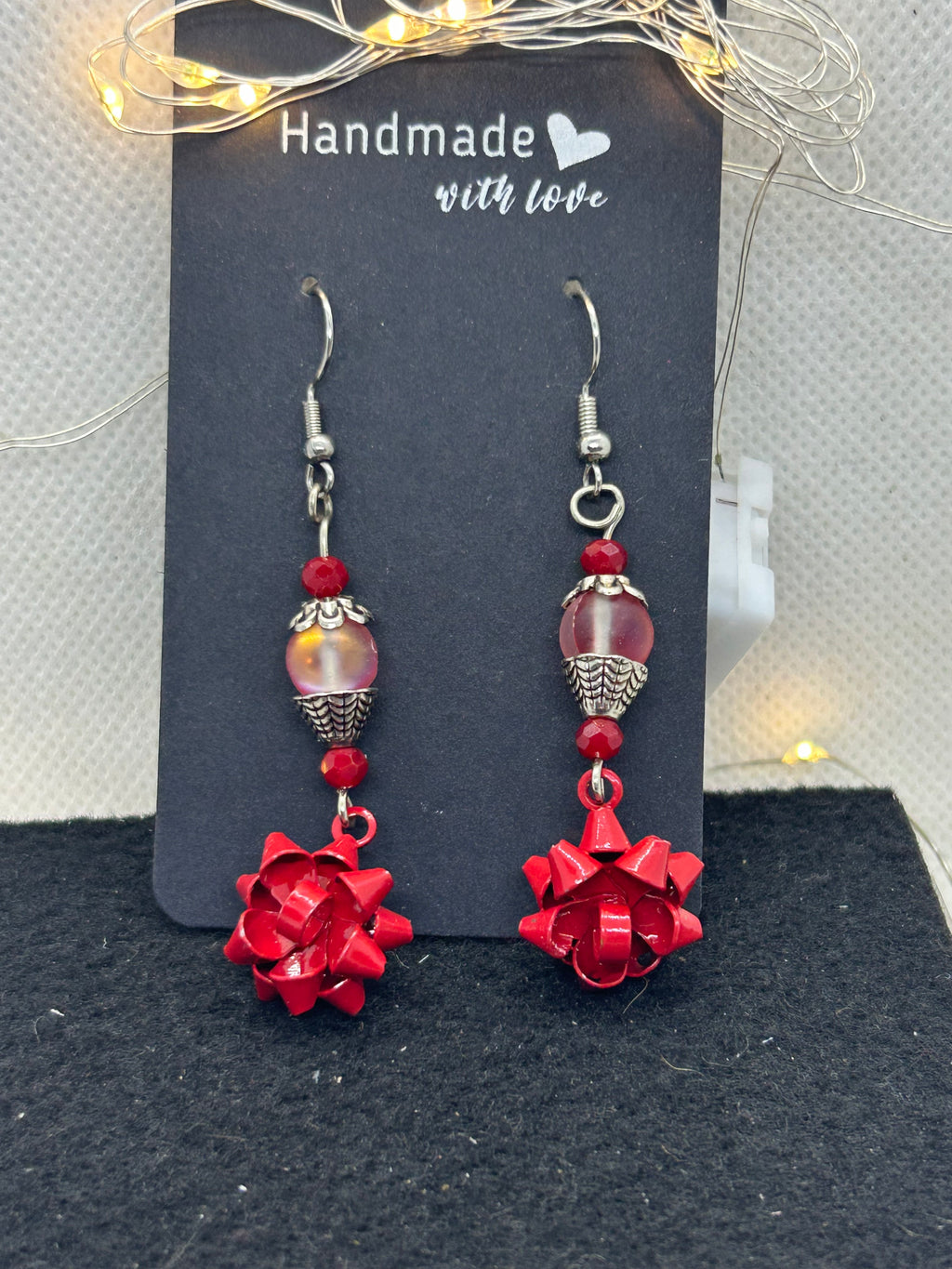 Red Bow and Glowing Beaded Earrings