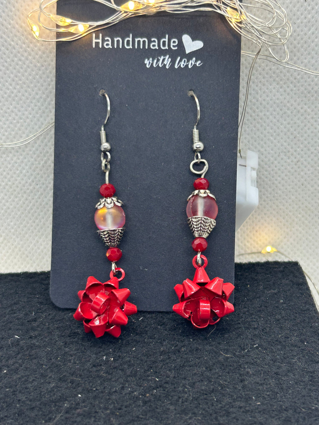 Red Bow and Glowing Beaded Earrings