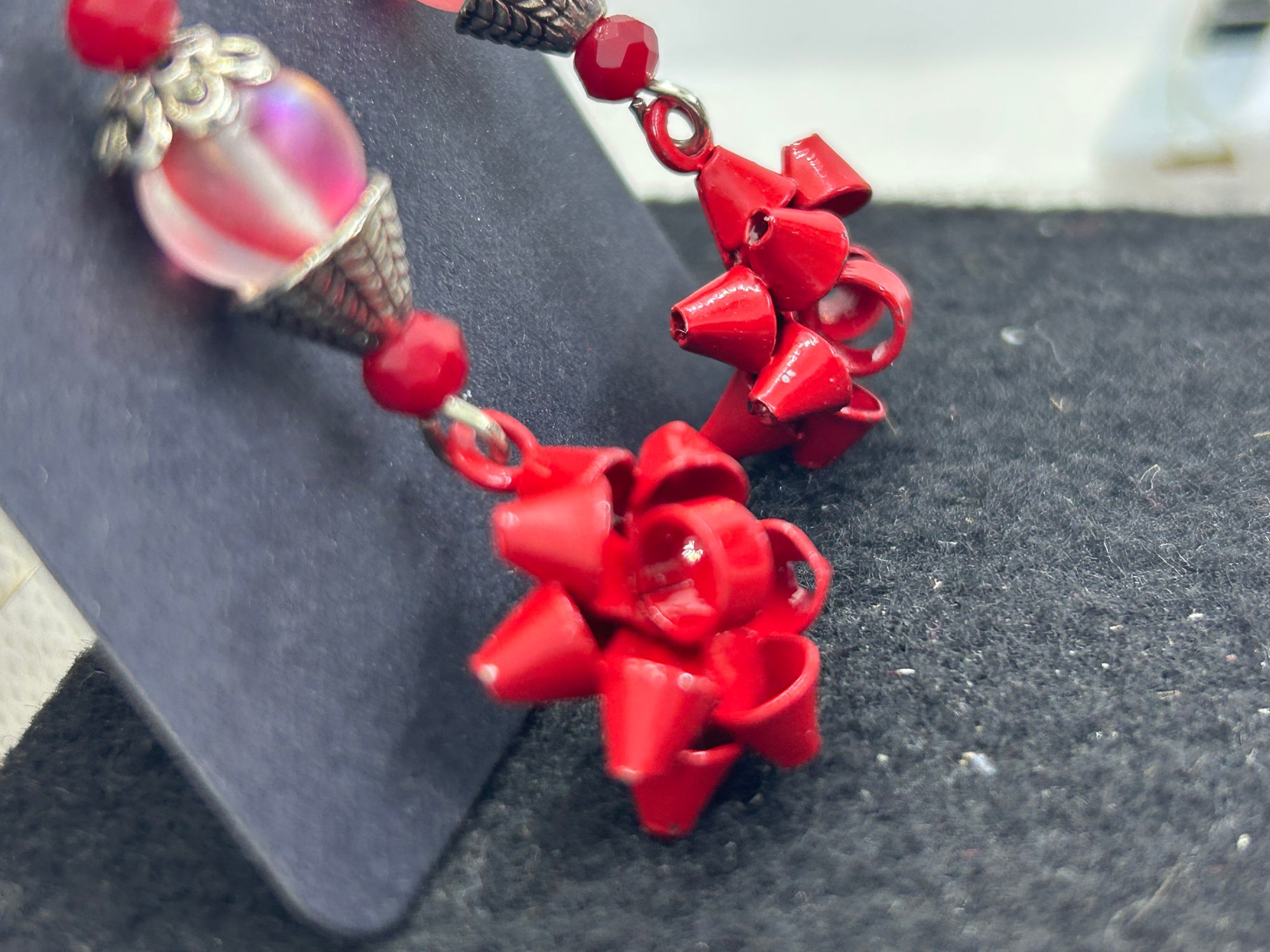 Red Bow and Glowing Beaded Earrings