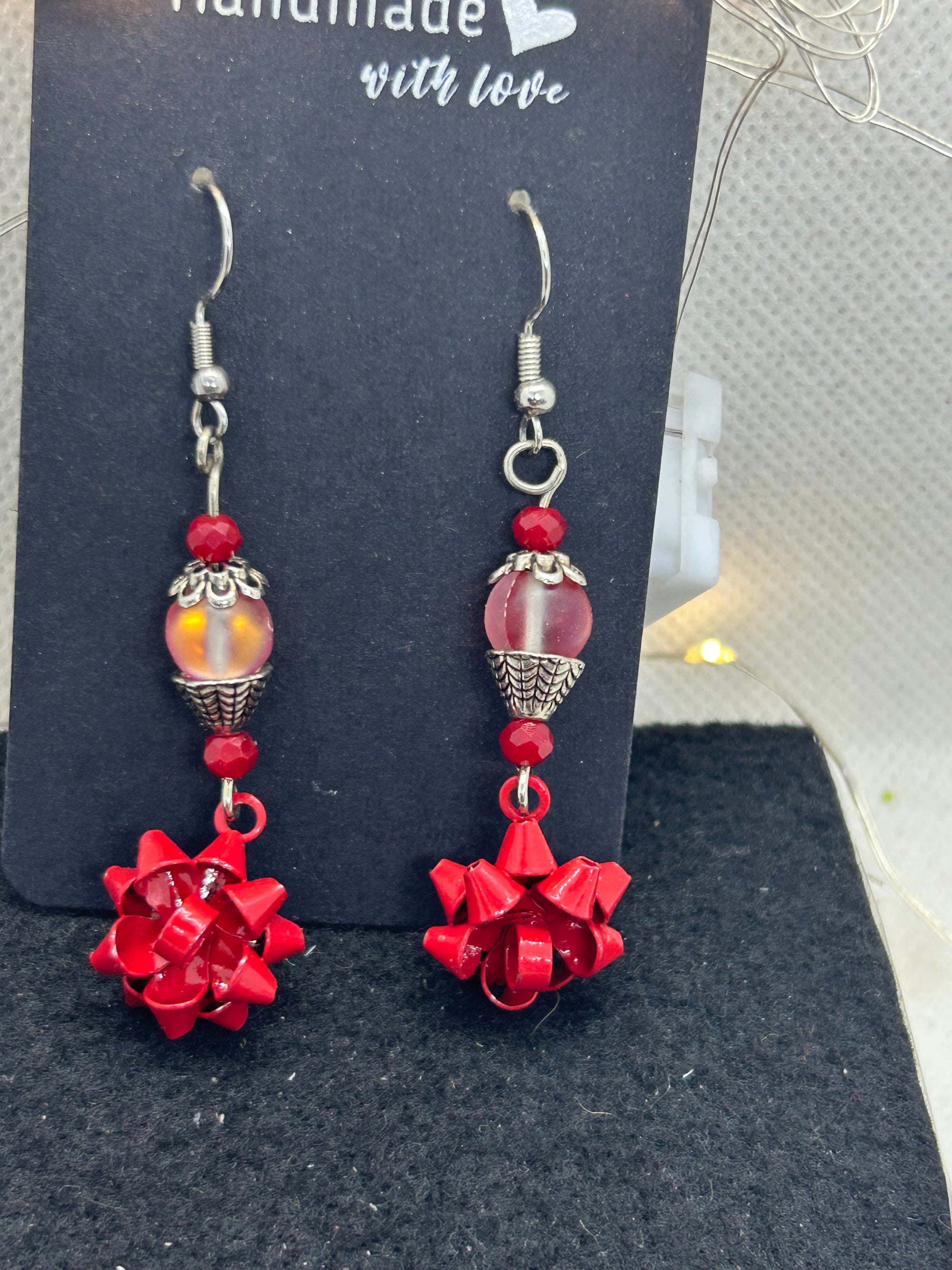 Red Bow and Glowing Beaded Earrings