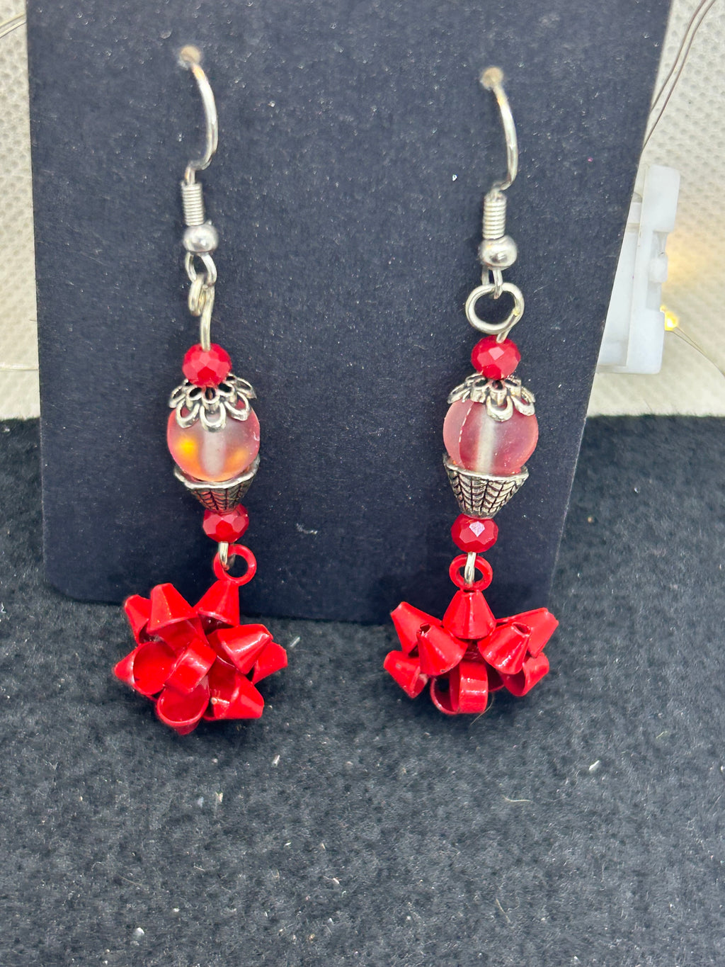 Red Bow and Glowing Beaded Earrings