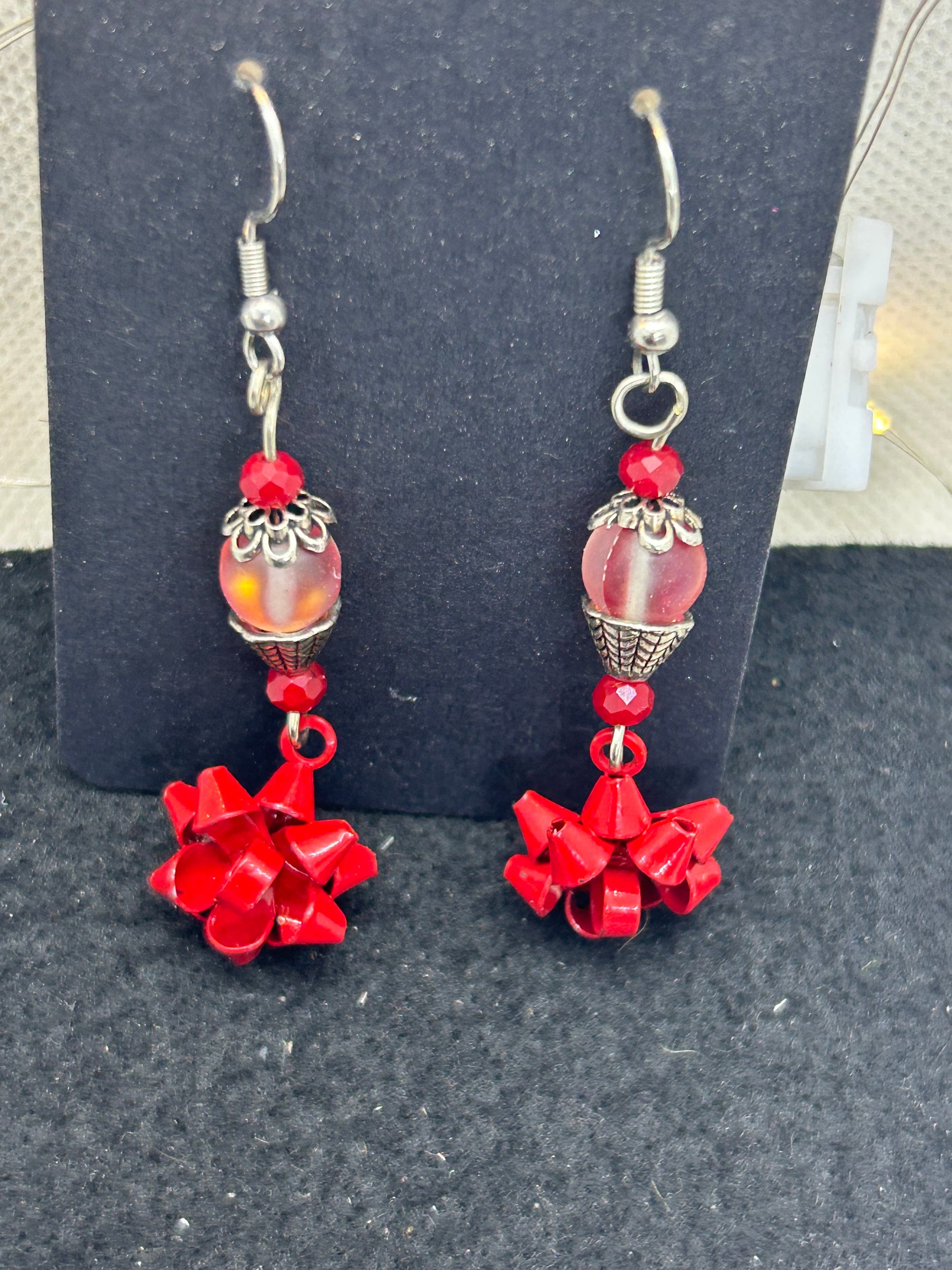 Red Bow and Glowing Beaded Earrings