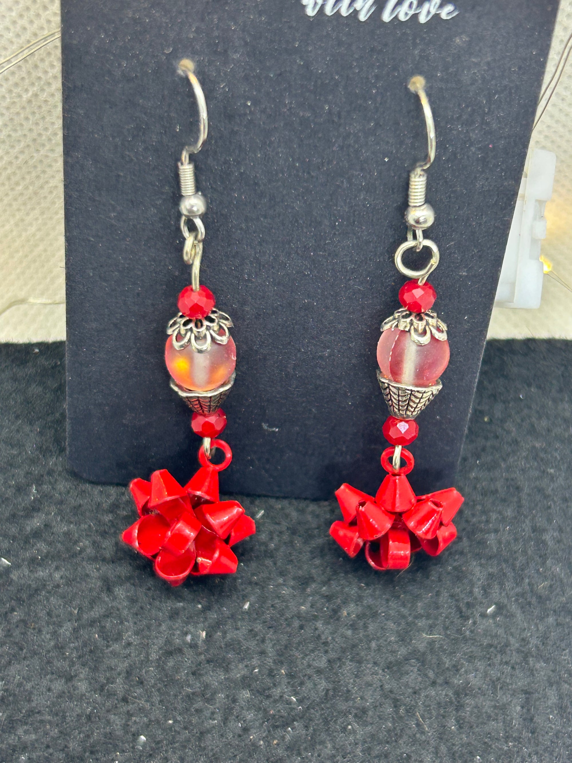 Red Bow and Glowing Beaded Earrings