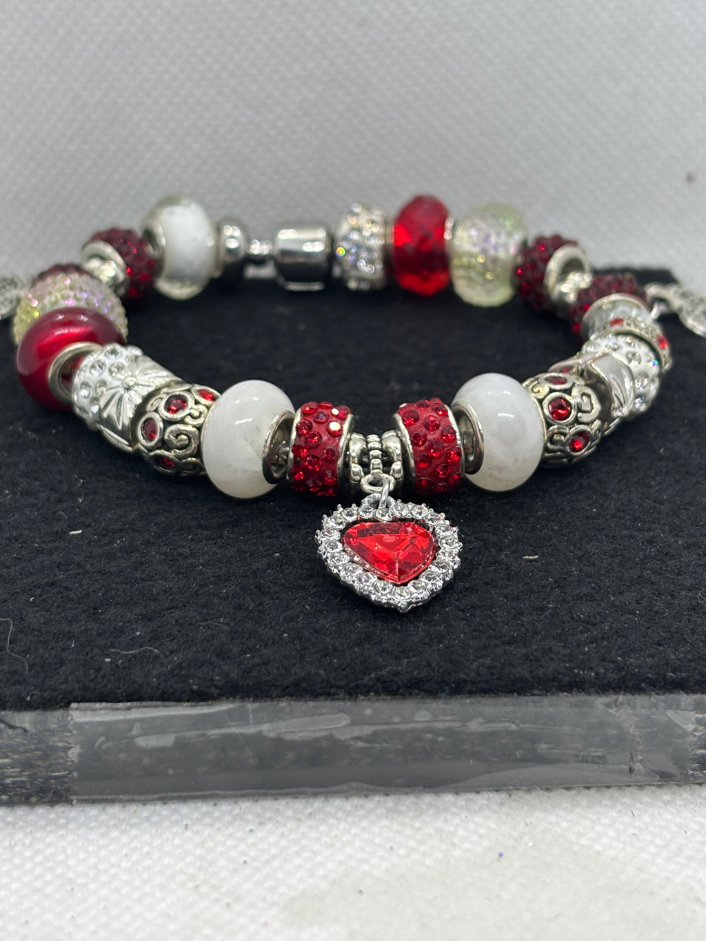 Red Rhinestone Heart Charm Bracelet