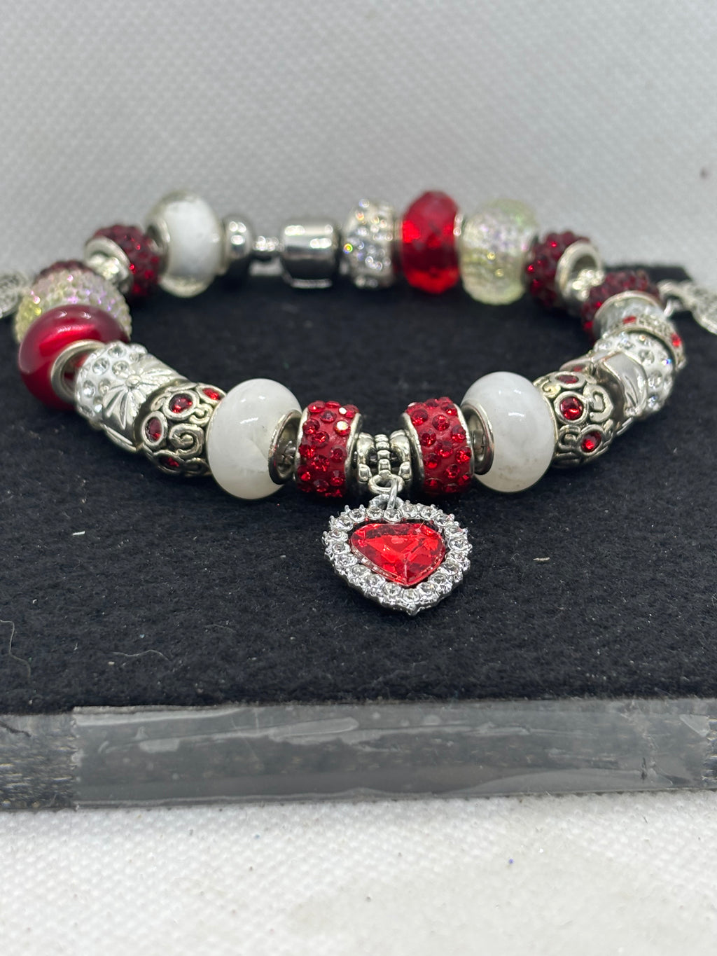 Red Rhinestone Heart Charm Bracelet