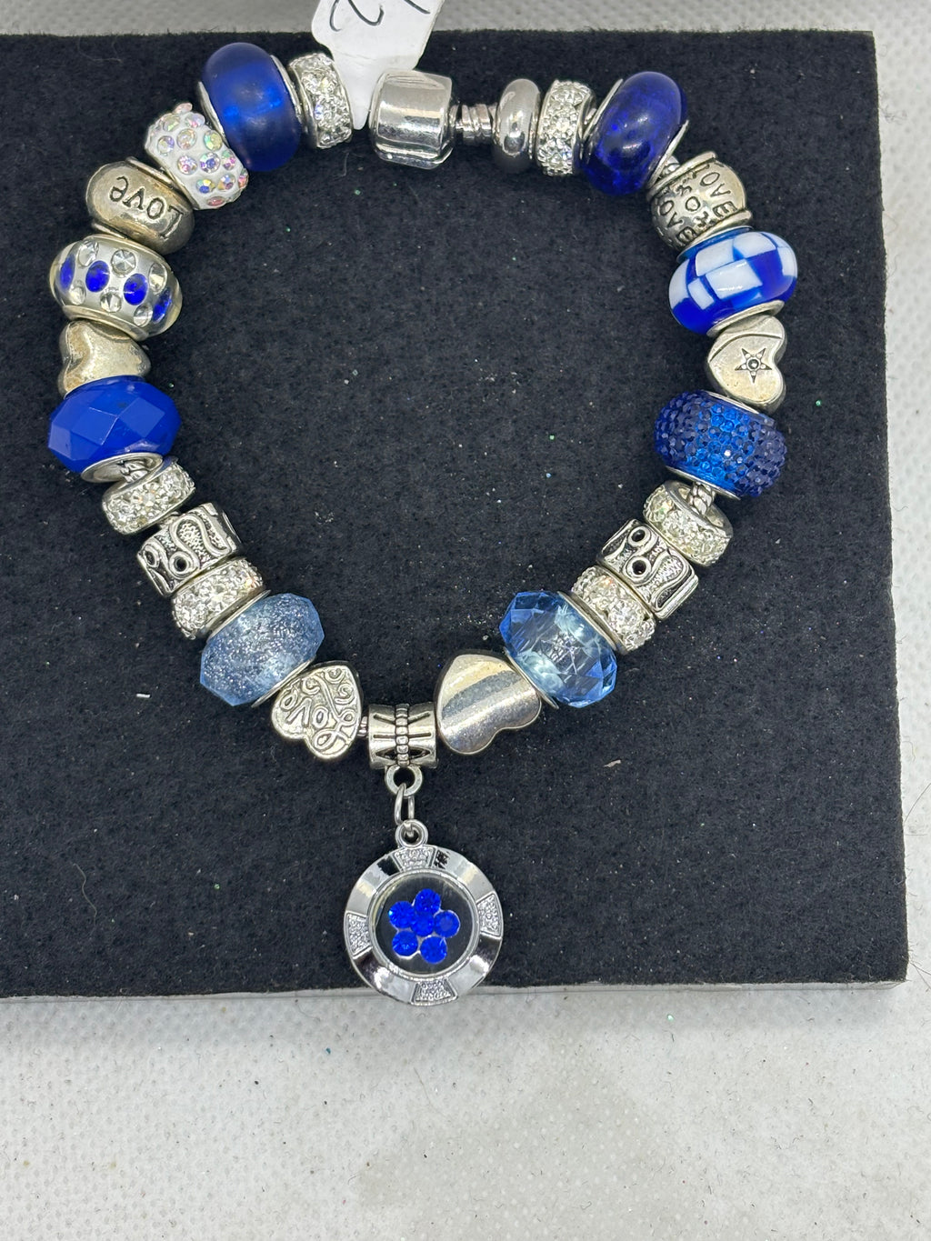 Blue Spinning Rhinestone Flower Charm Bracelet