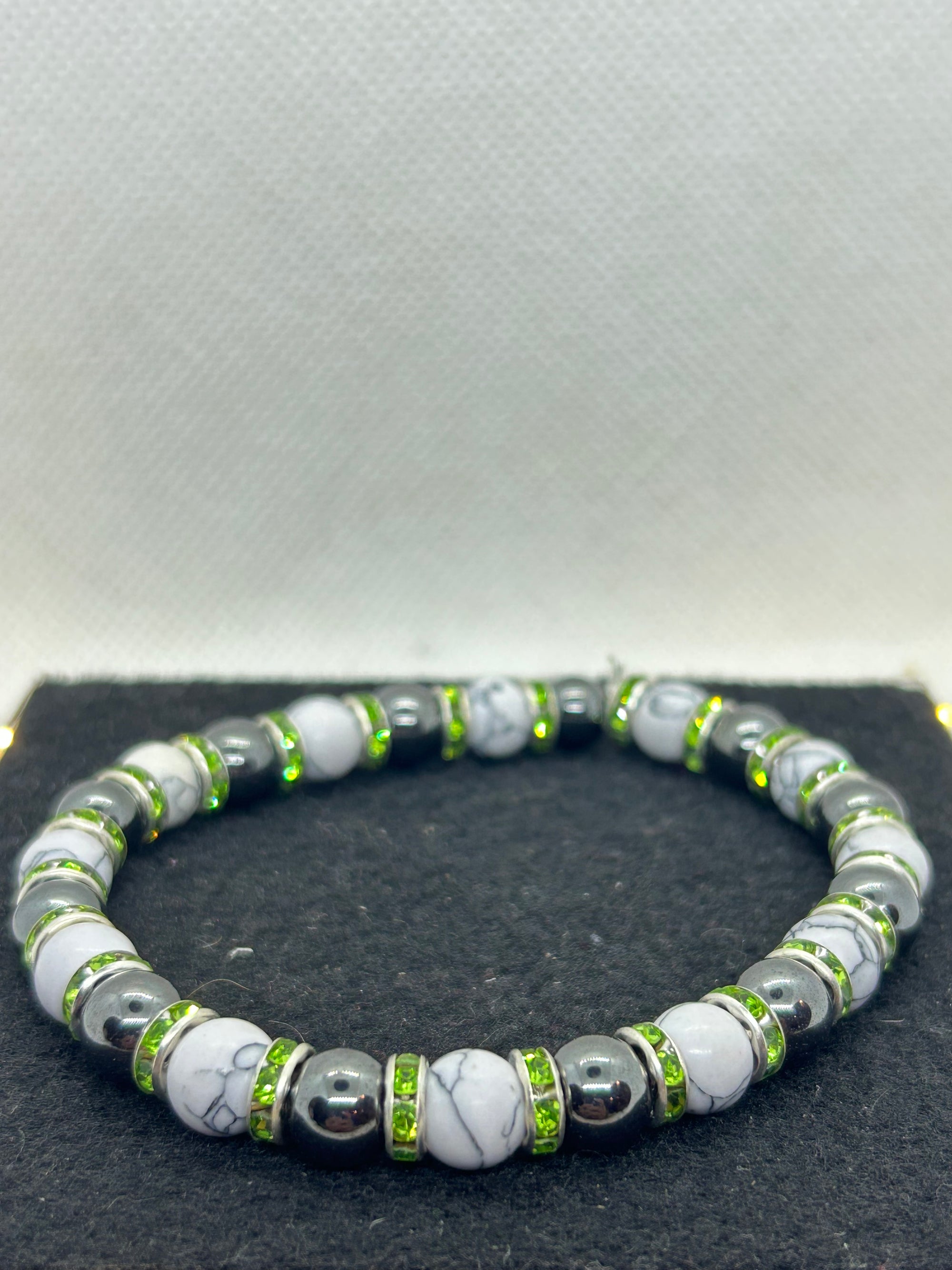 Black Hematite and Howl lite with green Rhinestone Beaded Bracelet