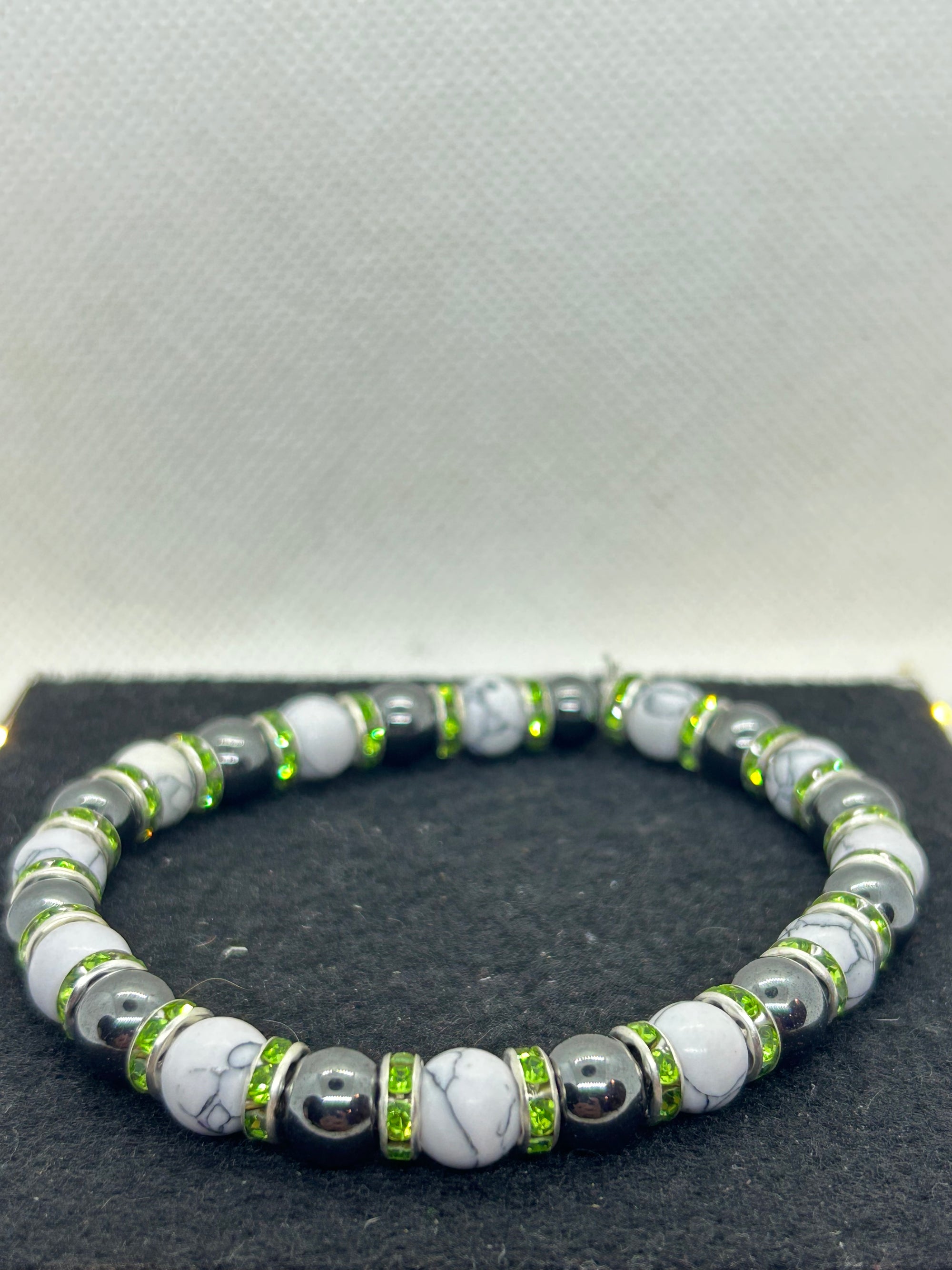 Black Hematite and Howl lite with green Rhinestone Beaded Bracelet