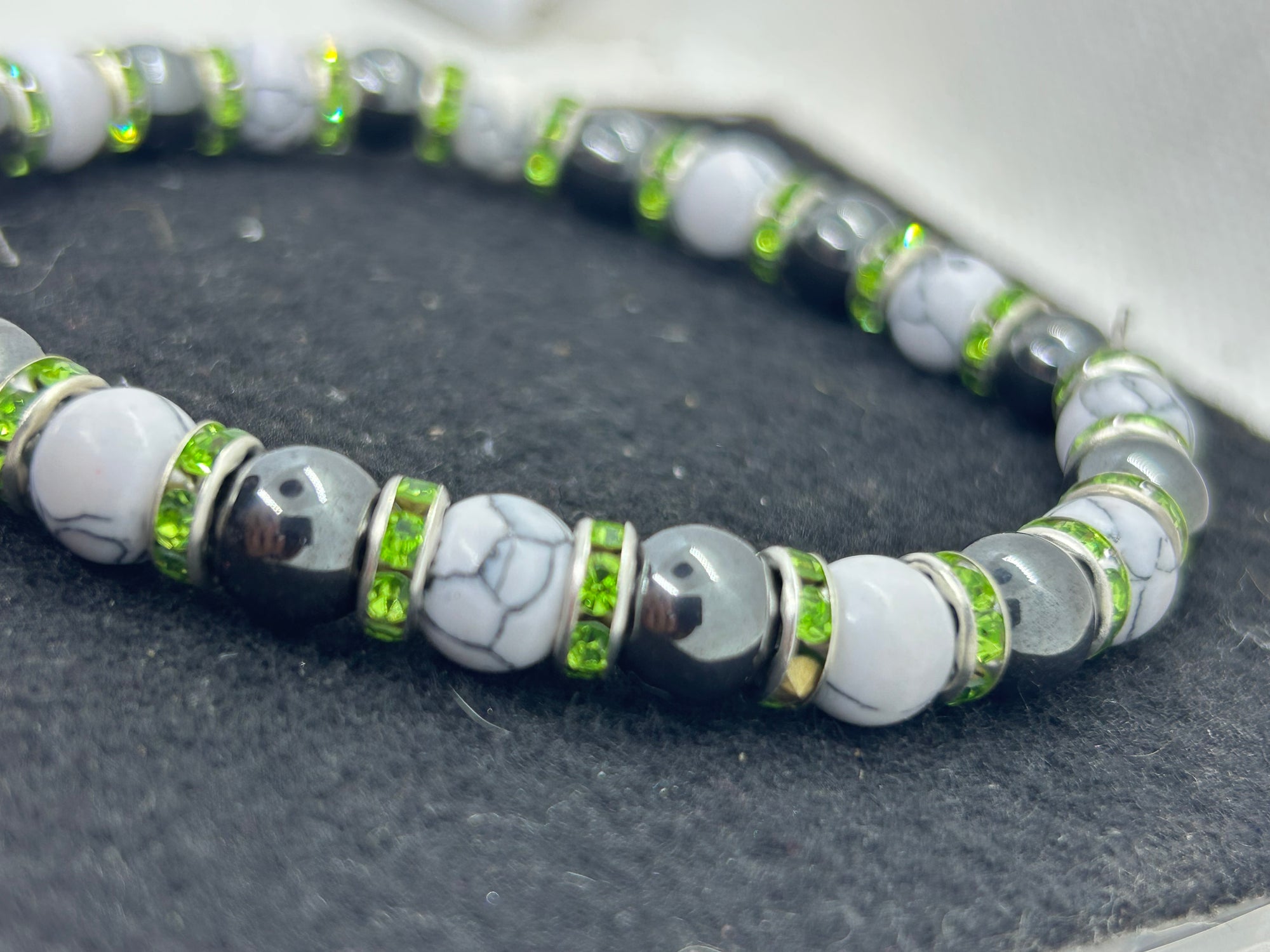 Black Hematite and Howl lite with green Rhinestone Beaded Bracelet
