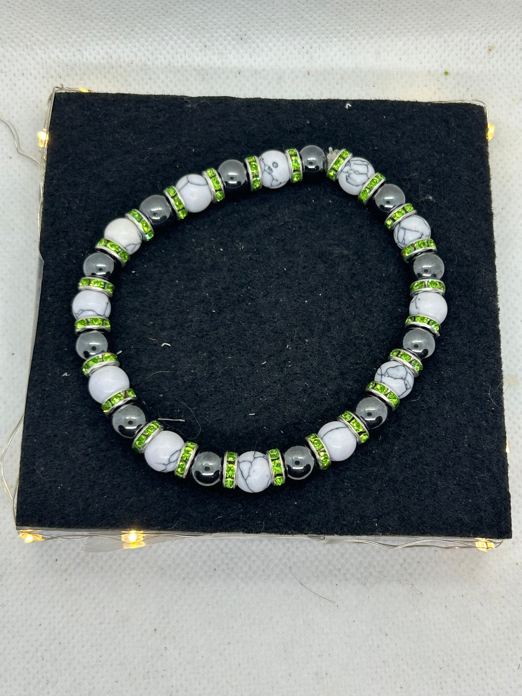 Black Hematite and Howl lite with green Rhinestone Beaded Bracelet