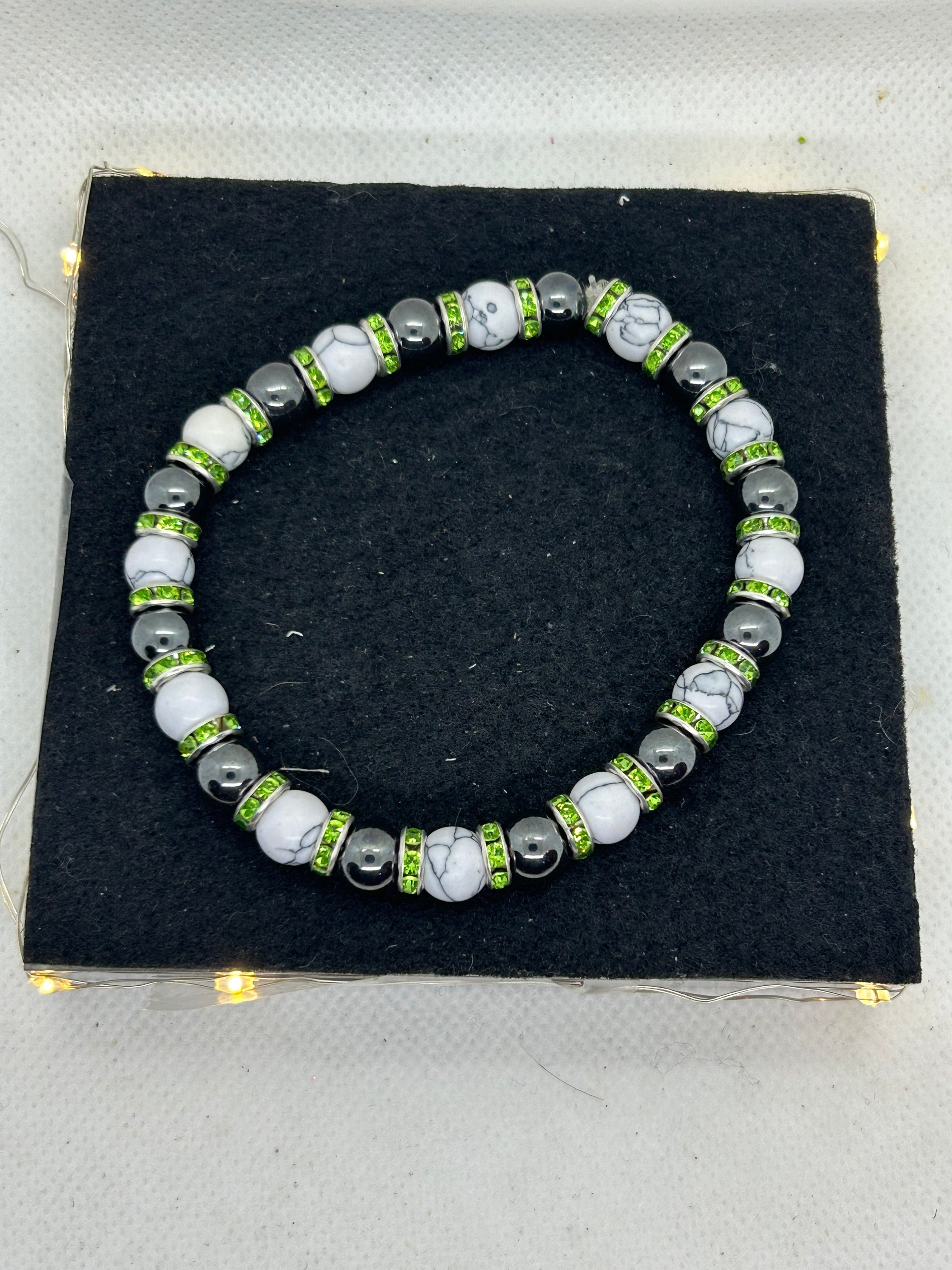 Black Hematite and Howl lite with green Rhinestone Beaded Bracelet