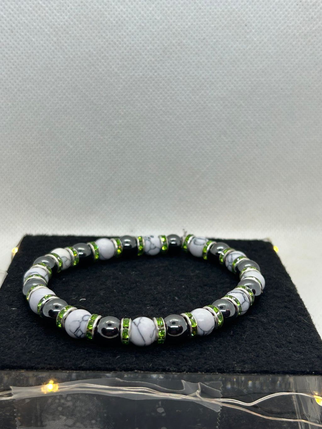 Black Hematite and Howl lite with green Rhinestone Beaded Bracelet