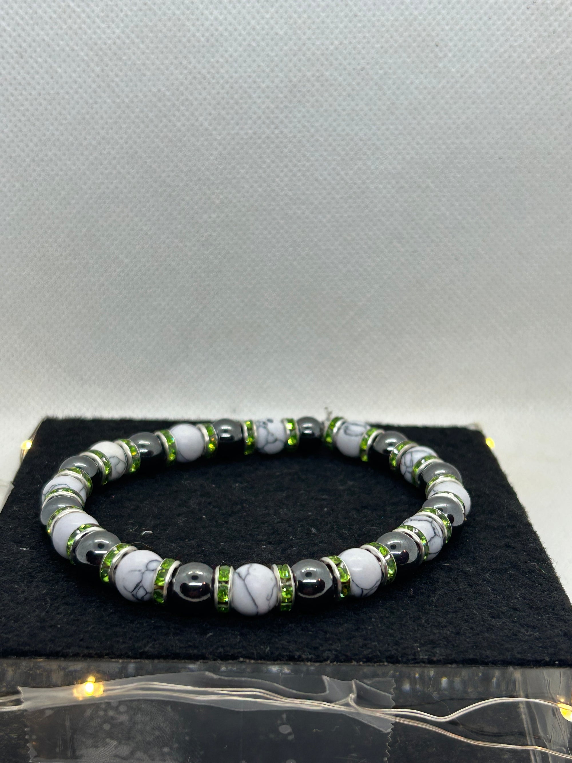 Black Hematite and Howl lite with green Rhinestone Beaded Bracelet