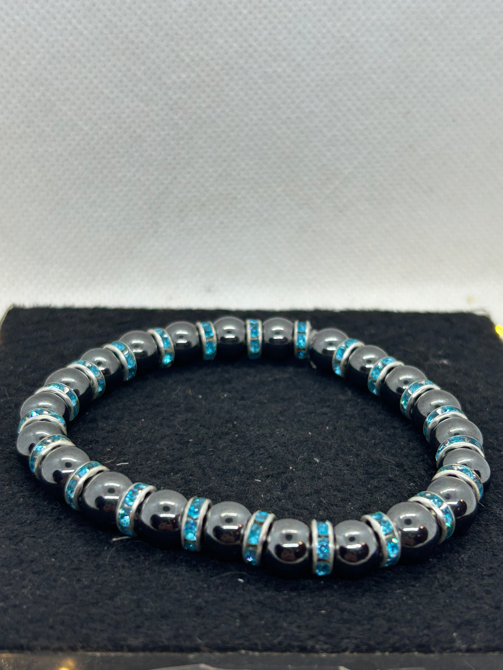 Black Hematite with Teal Rhinestone Beaded Bracelet