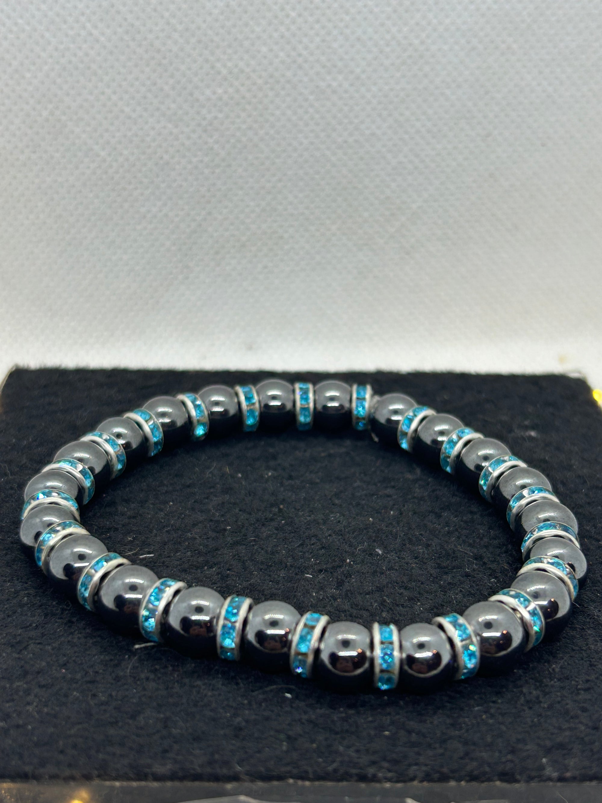 Black Hematite with Teal Rhinestone Beaded Bracelet
