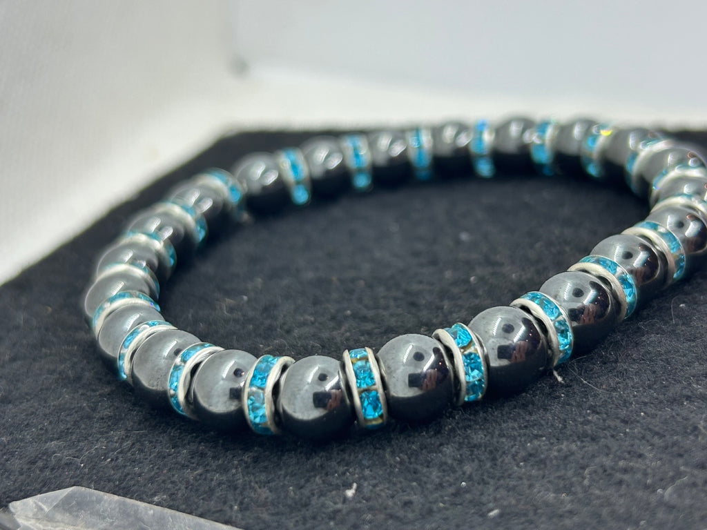 Black Hematite with Teal Rhinestone Beaded Bracelet