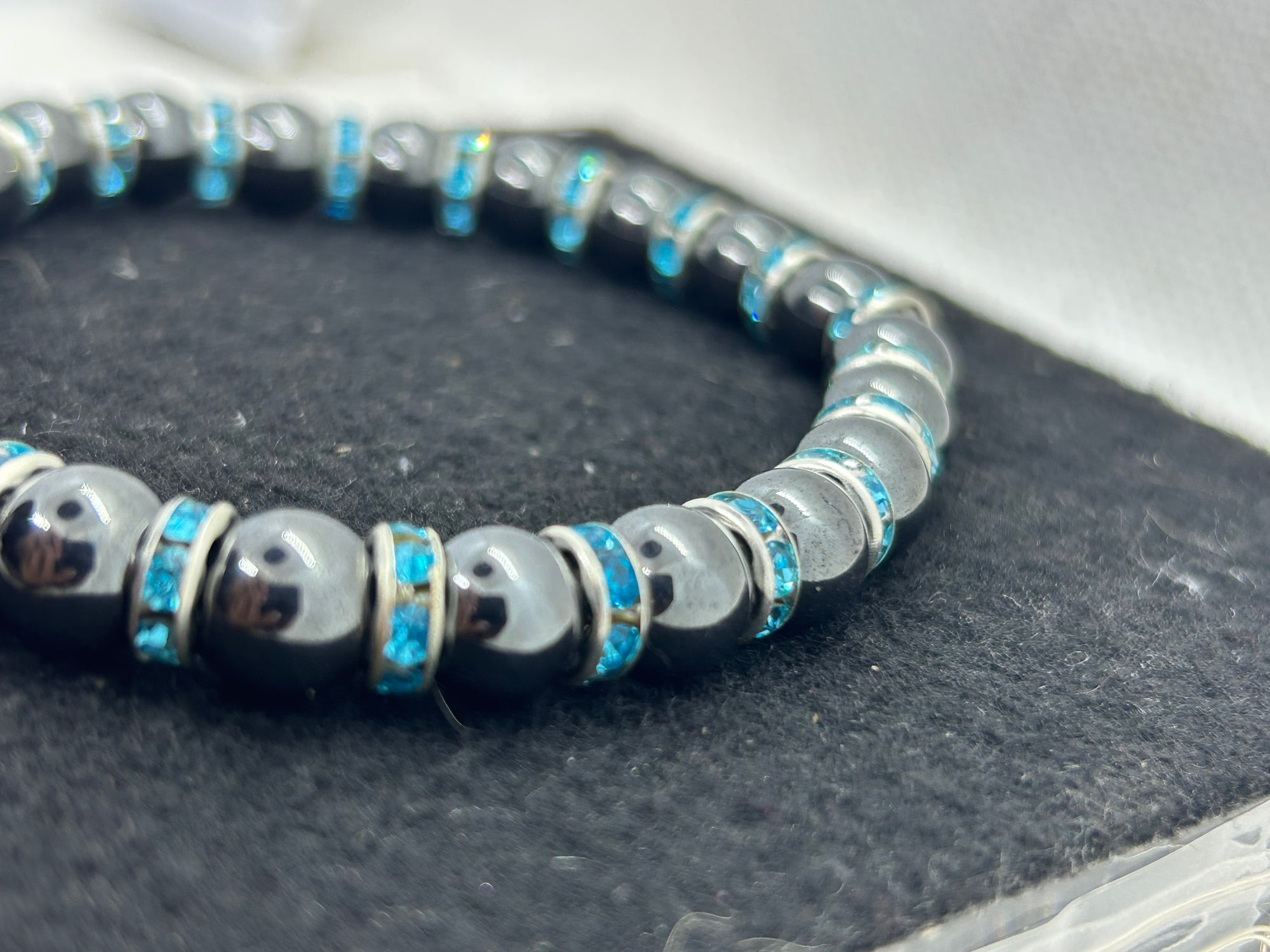 Black Hematite with Teal Rhinestone Beaded Bracelet