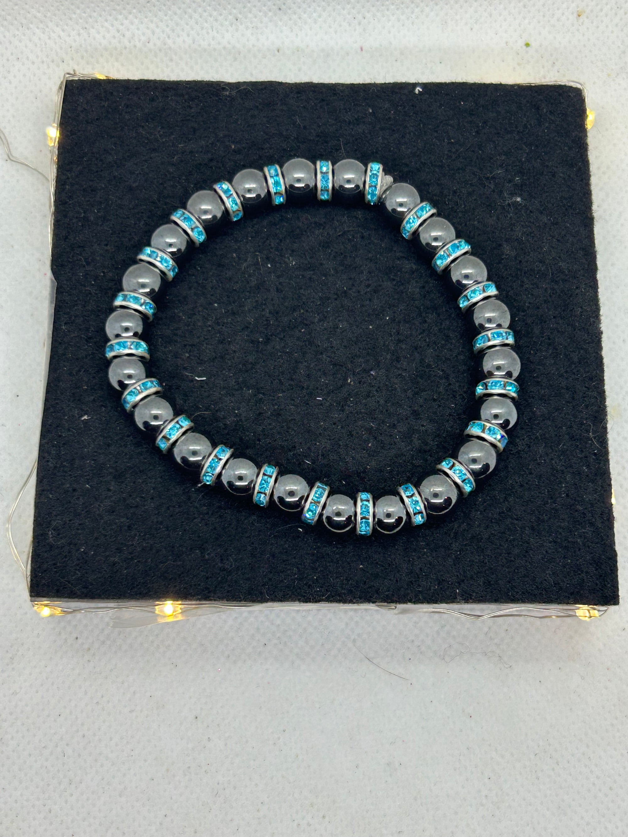 Black Hematite with Teal Rhinestone Beaded Bracelet