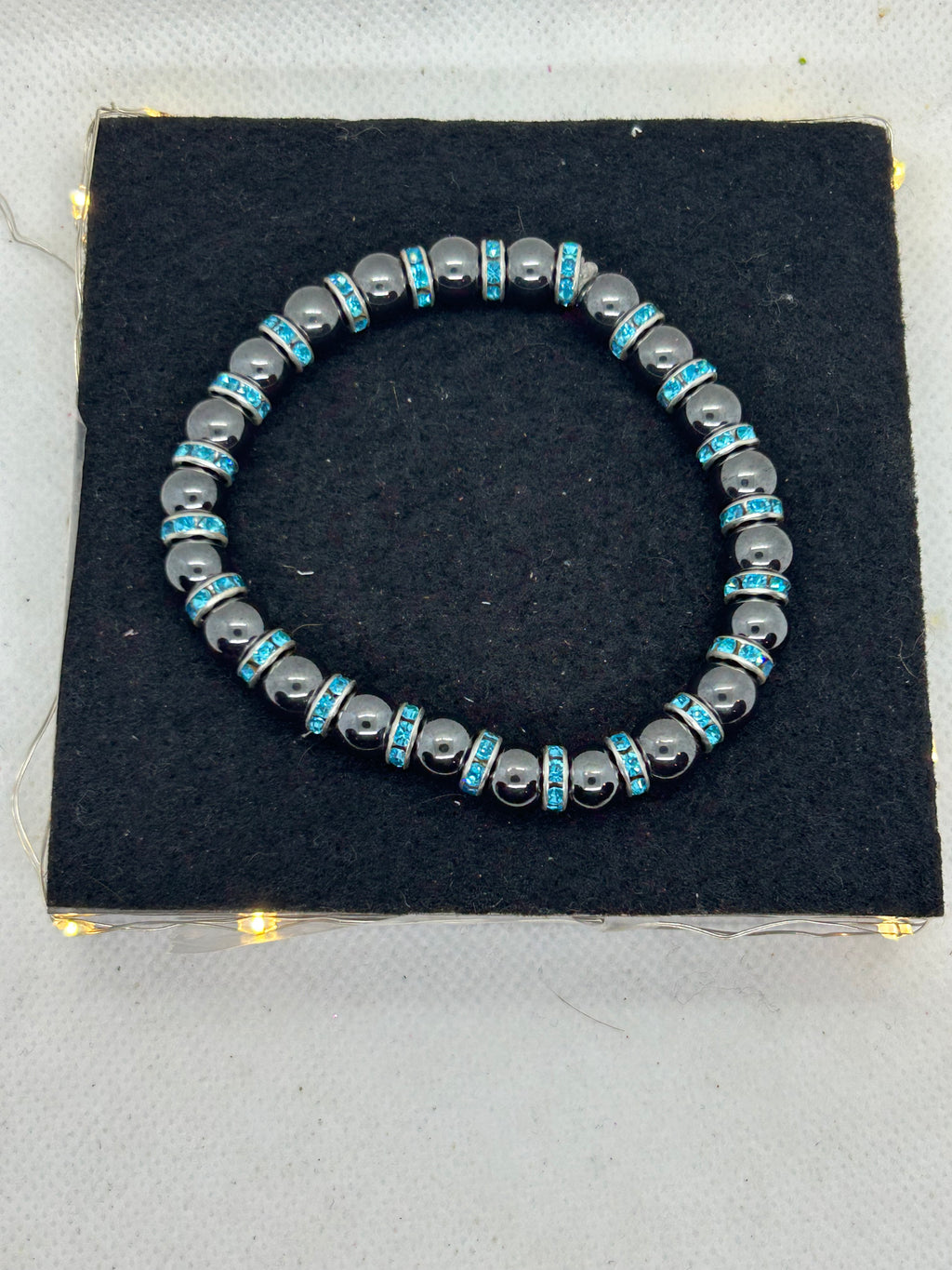 Black Hematite with Teal Rhinestone Beaded Bracelet