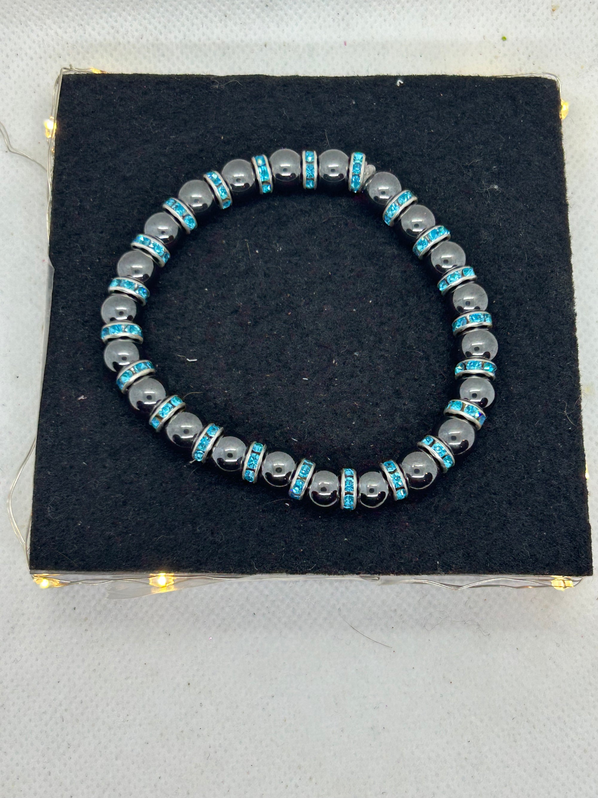 Black Hematite with Teal Rhinestone Beaded Bracelet